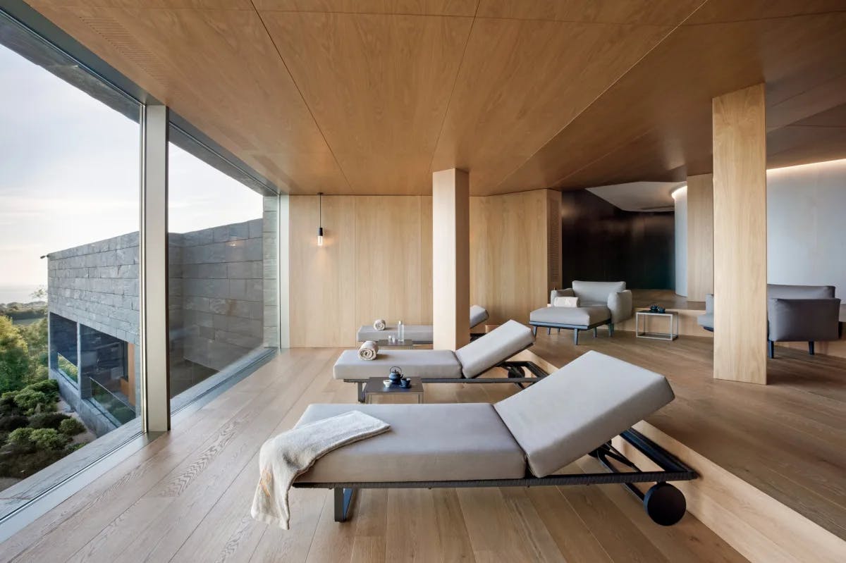 plush grey lounge chairs in a wooden spa with floor-to-ceiling windows