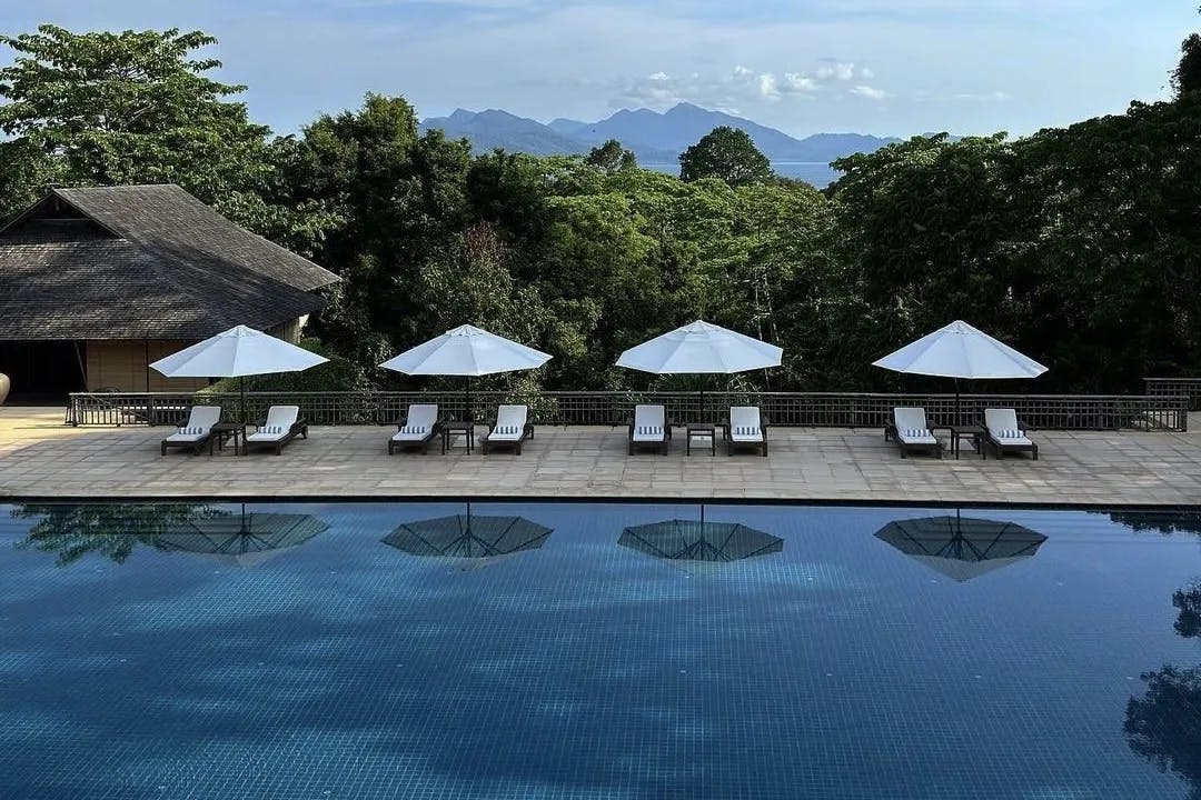 Aerial view of an outside swimming pool area with poolside sun loungers and umbrellas, a forest and mountains in the distance