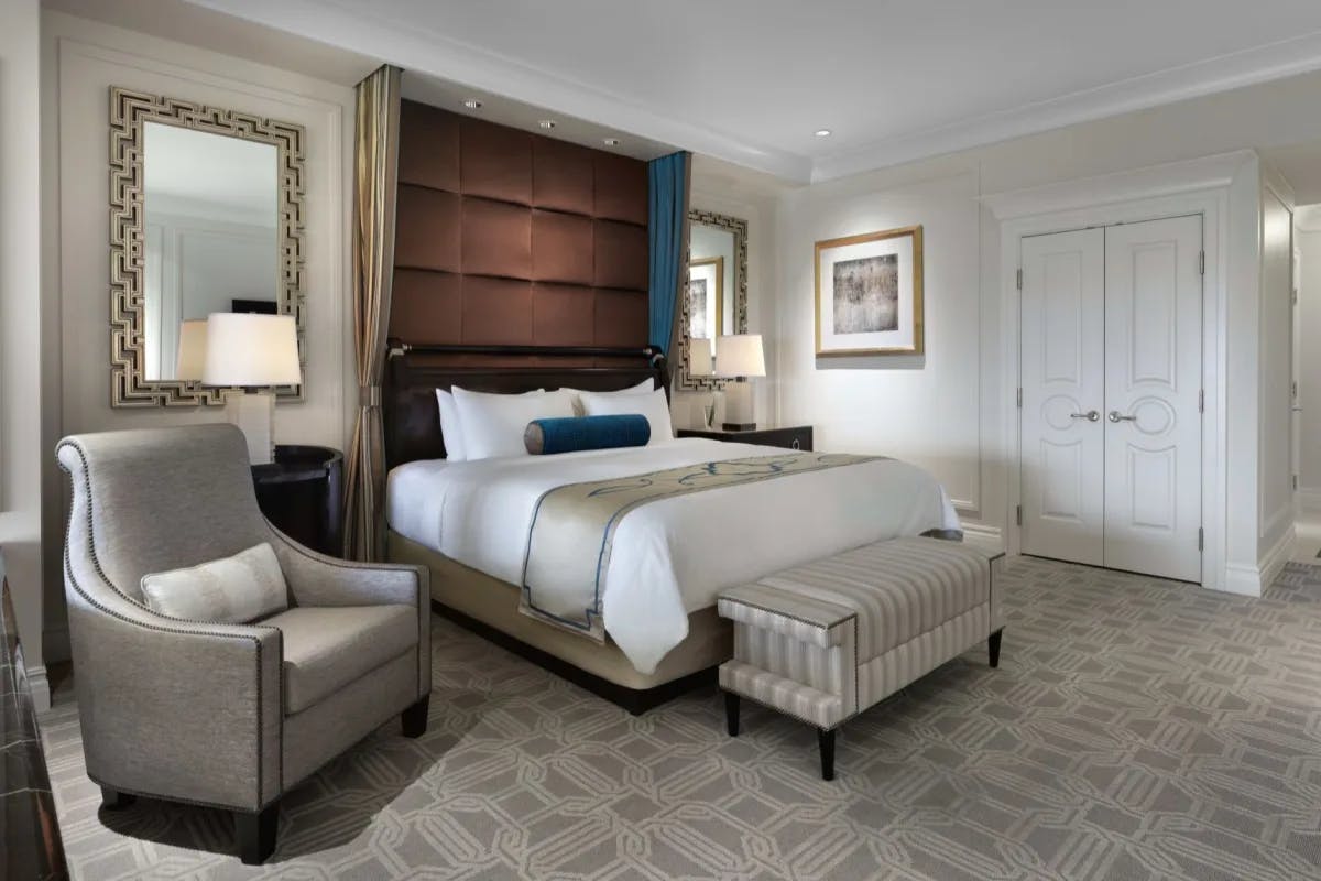 Classy room at The Palazzo at The Venetian with a white color palette, Old World-inspired contemporary decor and plenty of space