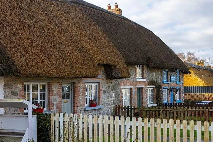 A row of thatched-roof cottages