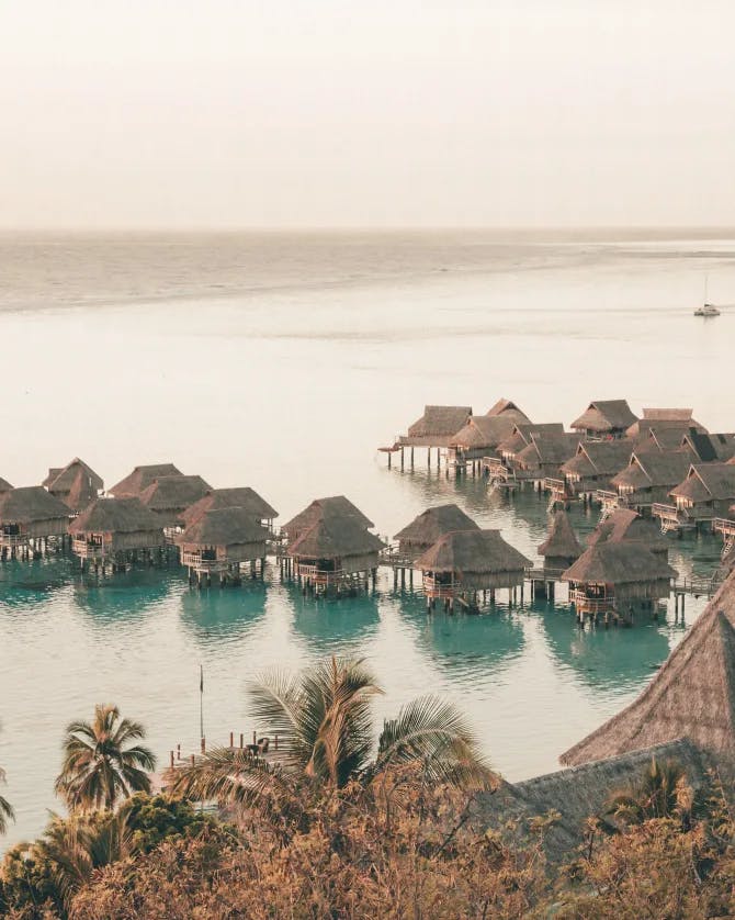 A beautiful view of the water bungalows in Tahiti