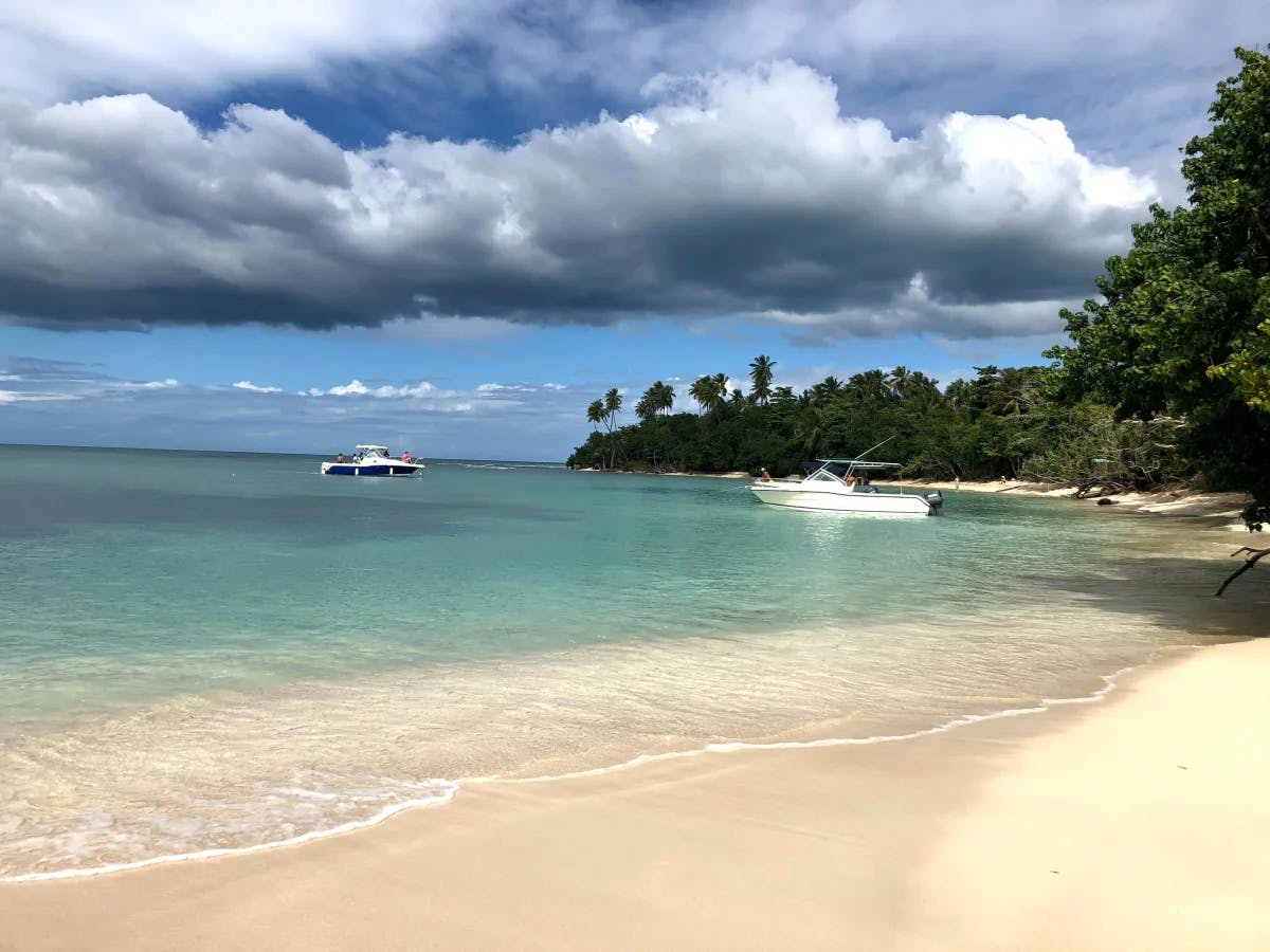 A picture of a beach with green mountains during the daytime.