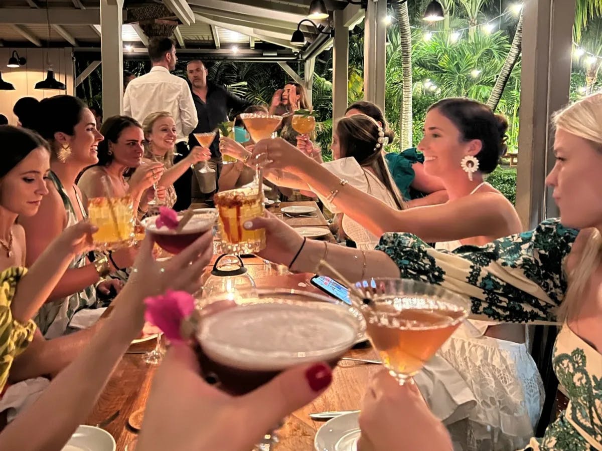 A group of women cheering cocktails sitting around a table. 