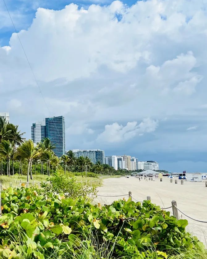 Beach with buildings close to it. 