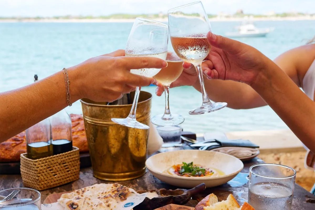 People dining and holding up wine glasses to cheers one-another over a table full of food and drinks overlooking the water. 