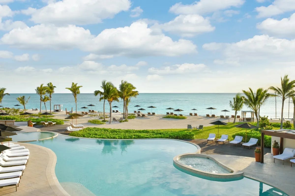 beachfront pool with hot tub and swaying palms