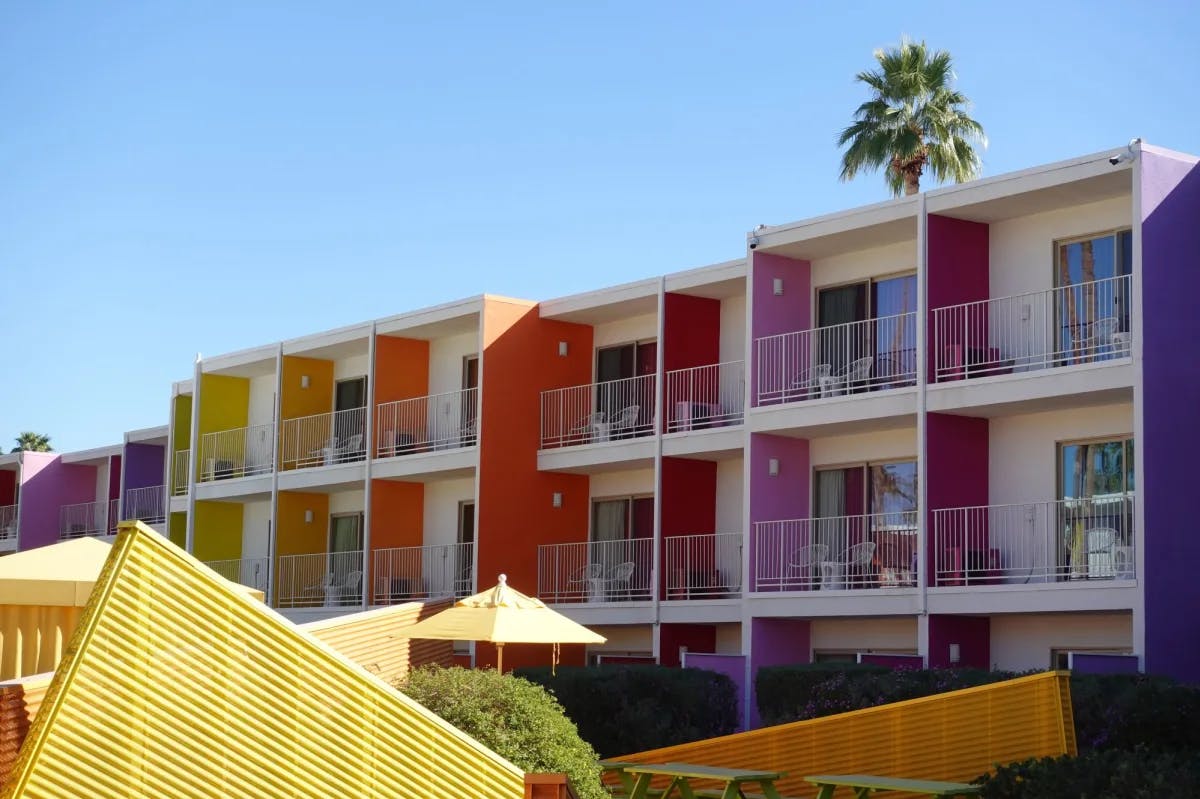 Hotel building with colorful walls. 