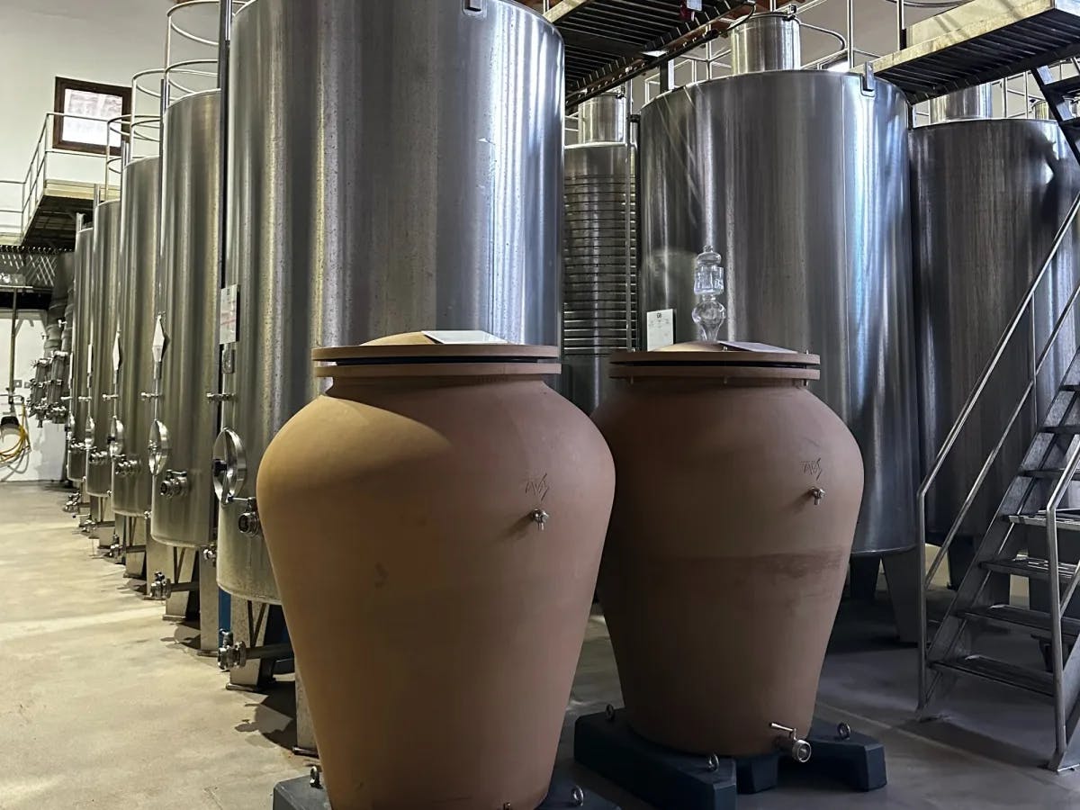 A wine making setup with two large clay barrels in front of silver tanks. 