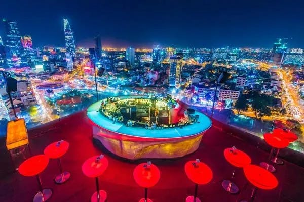 Stylish and vibrant rooftop bar with spectacular views of the Saigon skyline.