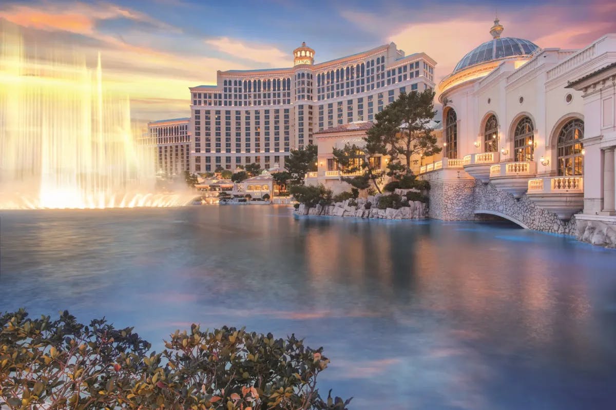 At twilight: famous fountains erupt in front of Bellagio on the Vegas Strip