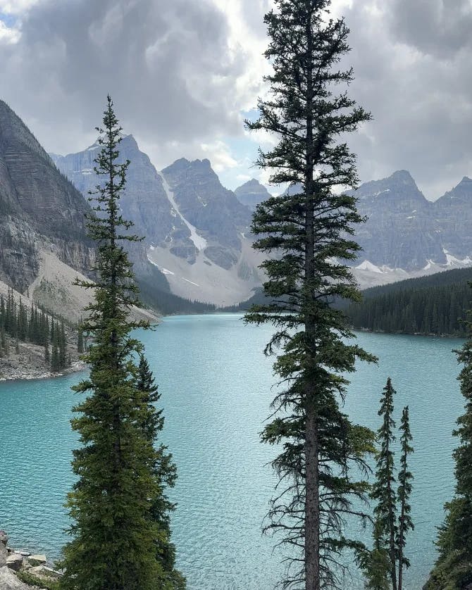 Gorgeous view of a blue glacial lake surrounded by dramatic mountains under partly cloudy skies