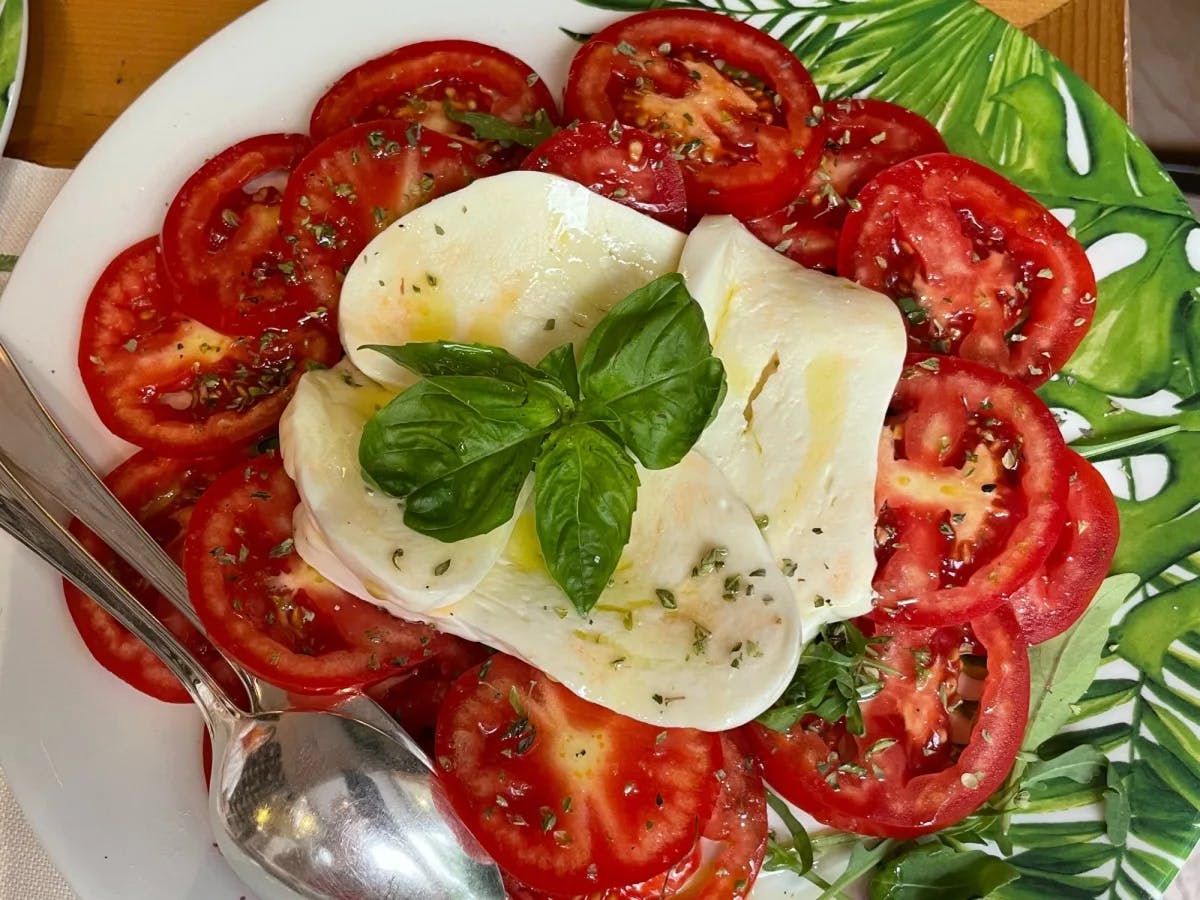 Cheese slices on a bed of tomatoes.