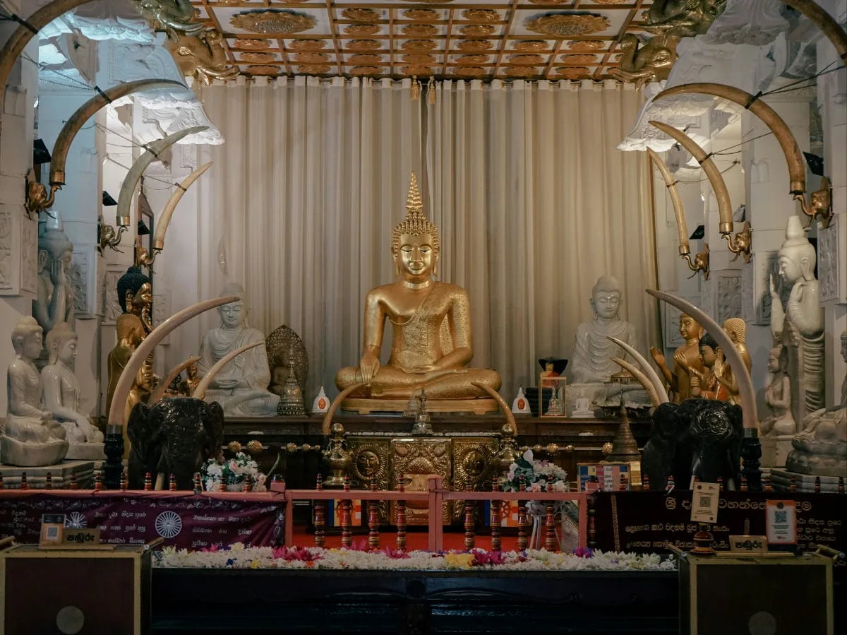 A golden Buddha statue is seated in the lotus position, surrounded by white statues and offerings inside a dimly lit shrine.