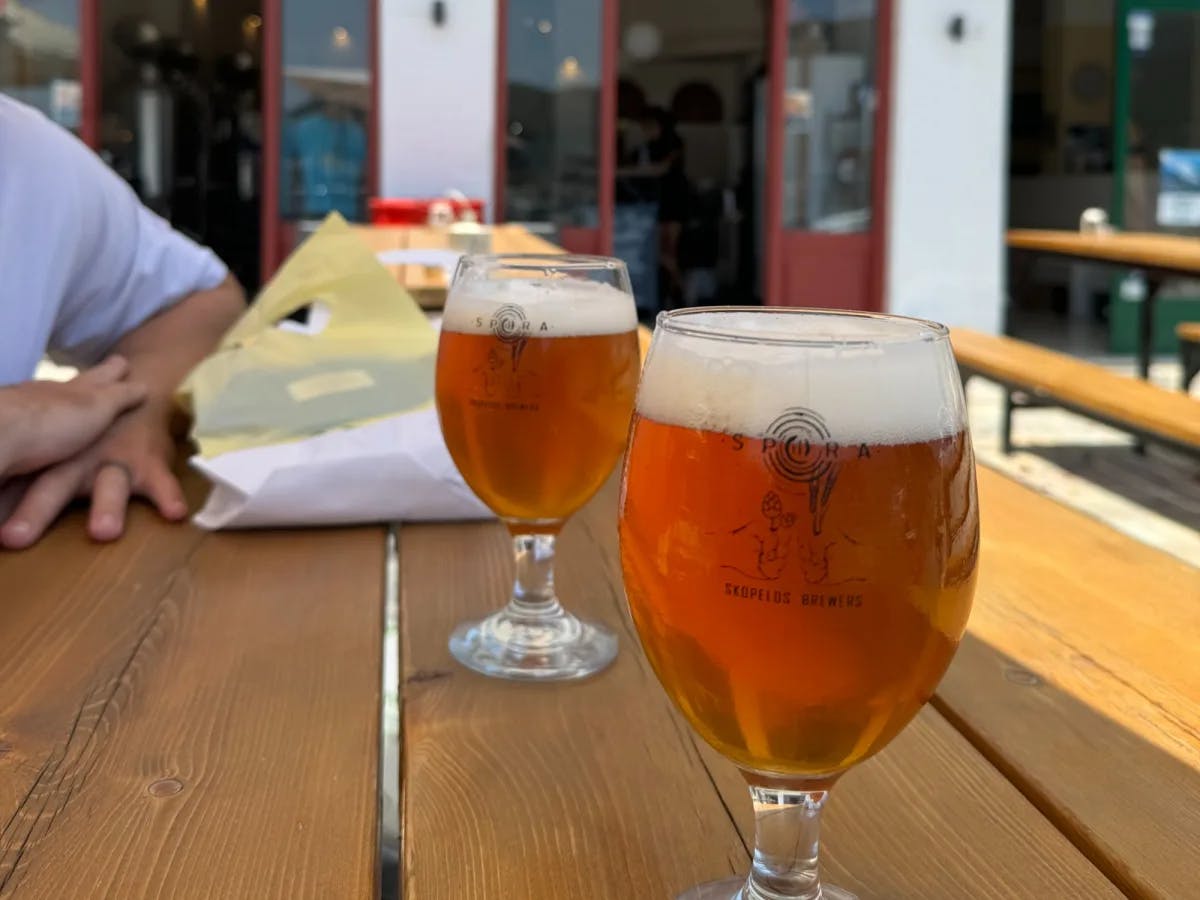 Two beers in glasses on a table.