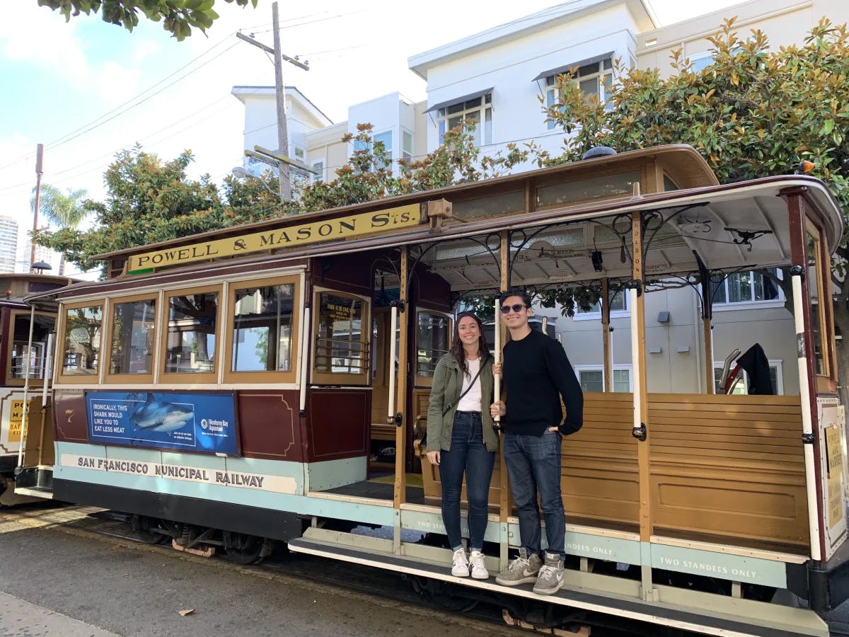 A couple on cable car in San Francisco 