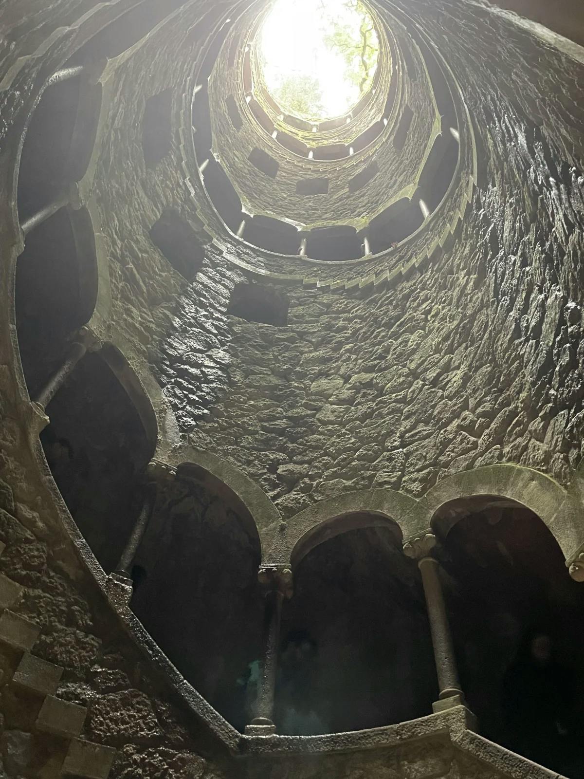 A view from below, looking up from inside the Inititation Well, revealing sunlight and trees through the opening.