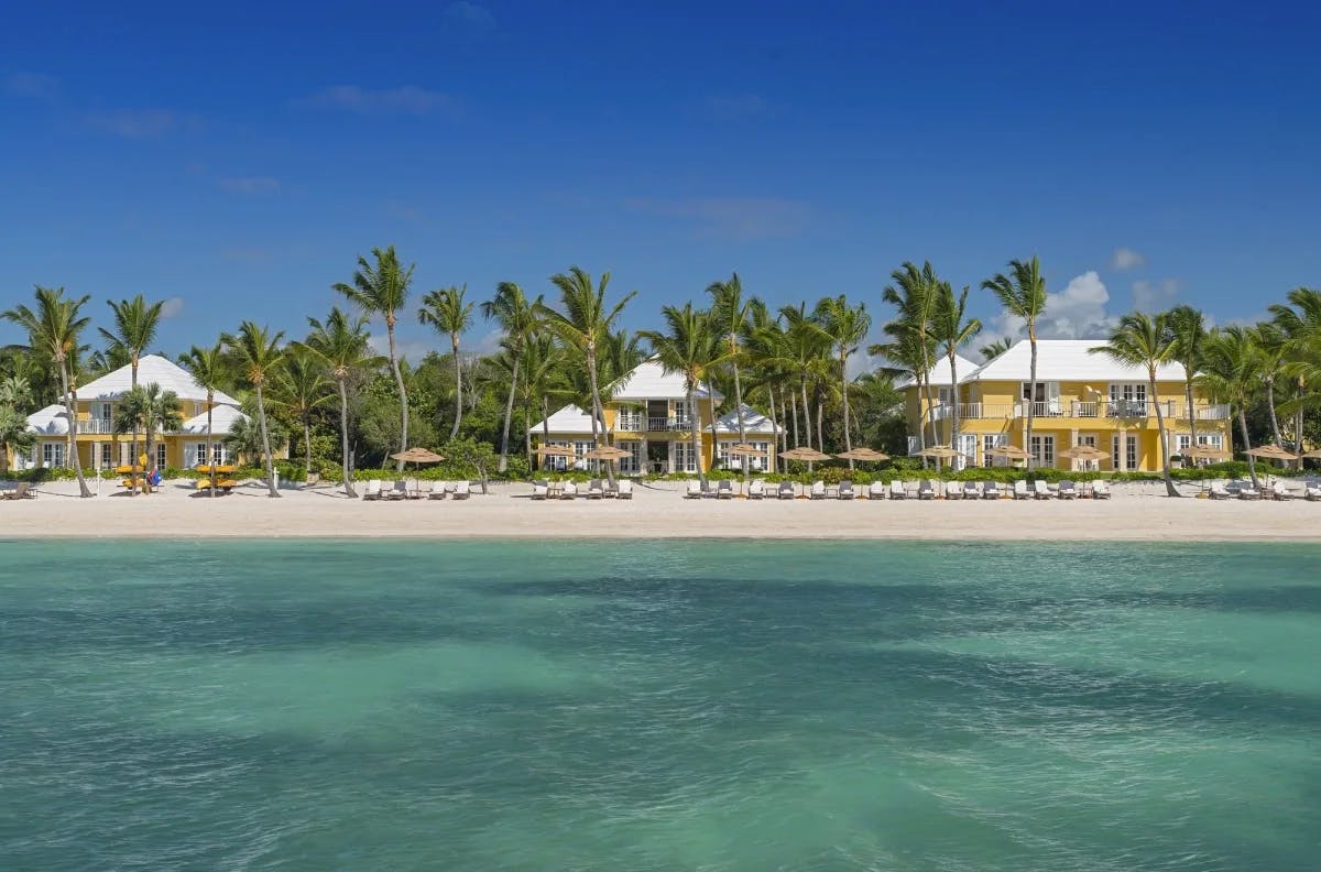 a collection of yellow houses on a palm-tree-lined beach