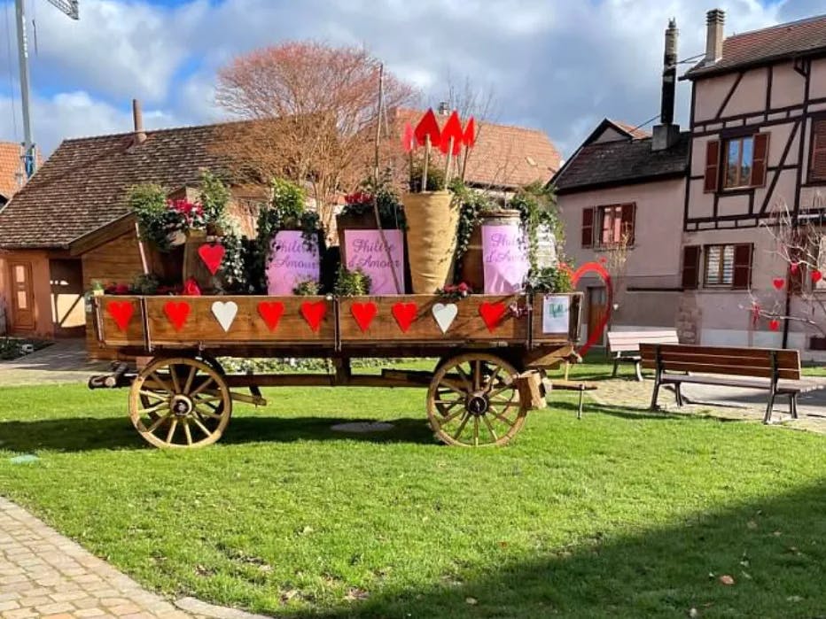 A cart with colorful plants surrounded by buildings.