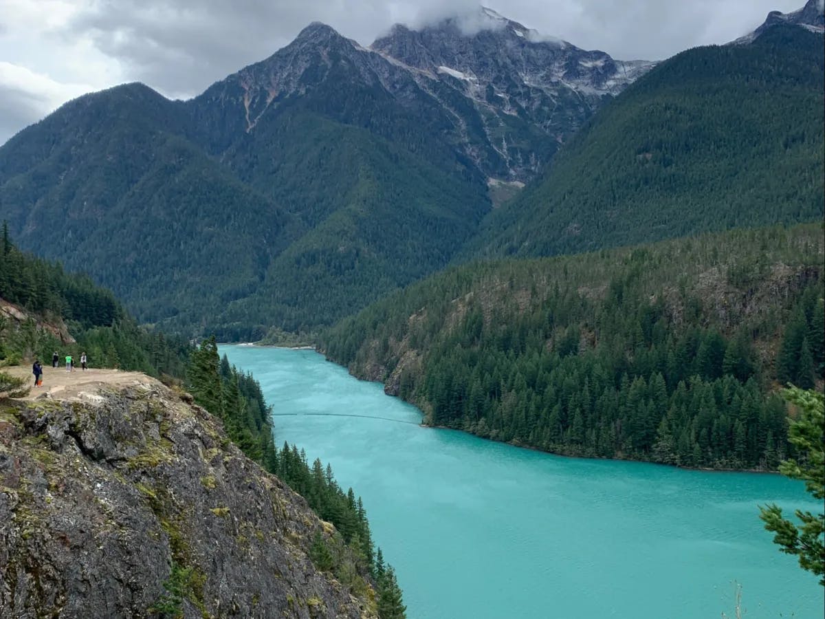 View of lake among mountains.