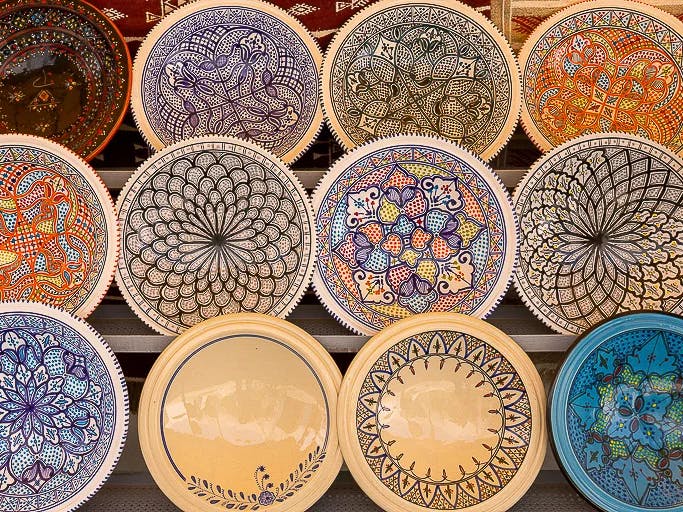 Colorful plates in a market.