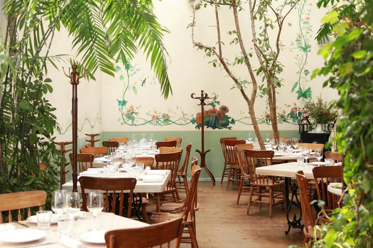 Inside the restaurant Rosetta with beautiful plants and a country home setting.