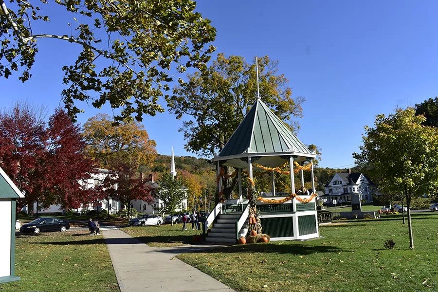 A gazebo in a grassy courtyard area during the daytime