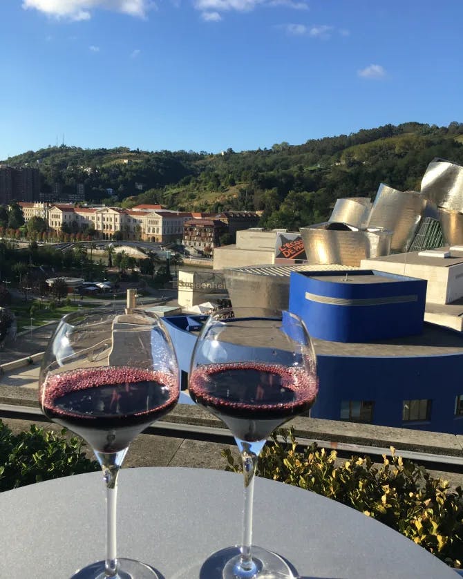 Close-up view of two glasses of red wine on a table overlooking a beautiful countryside view