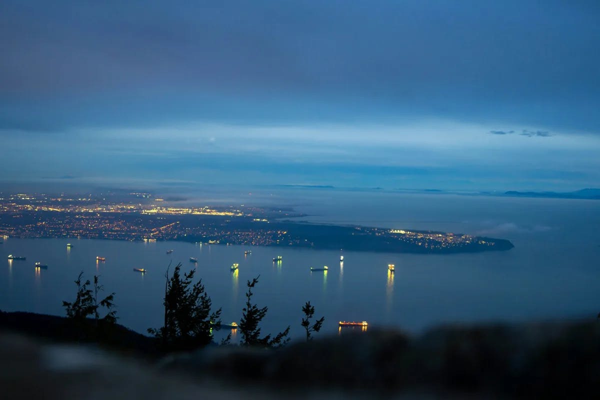 A view of the city lights at night in Vancouver.