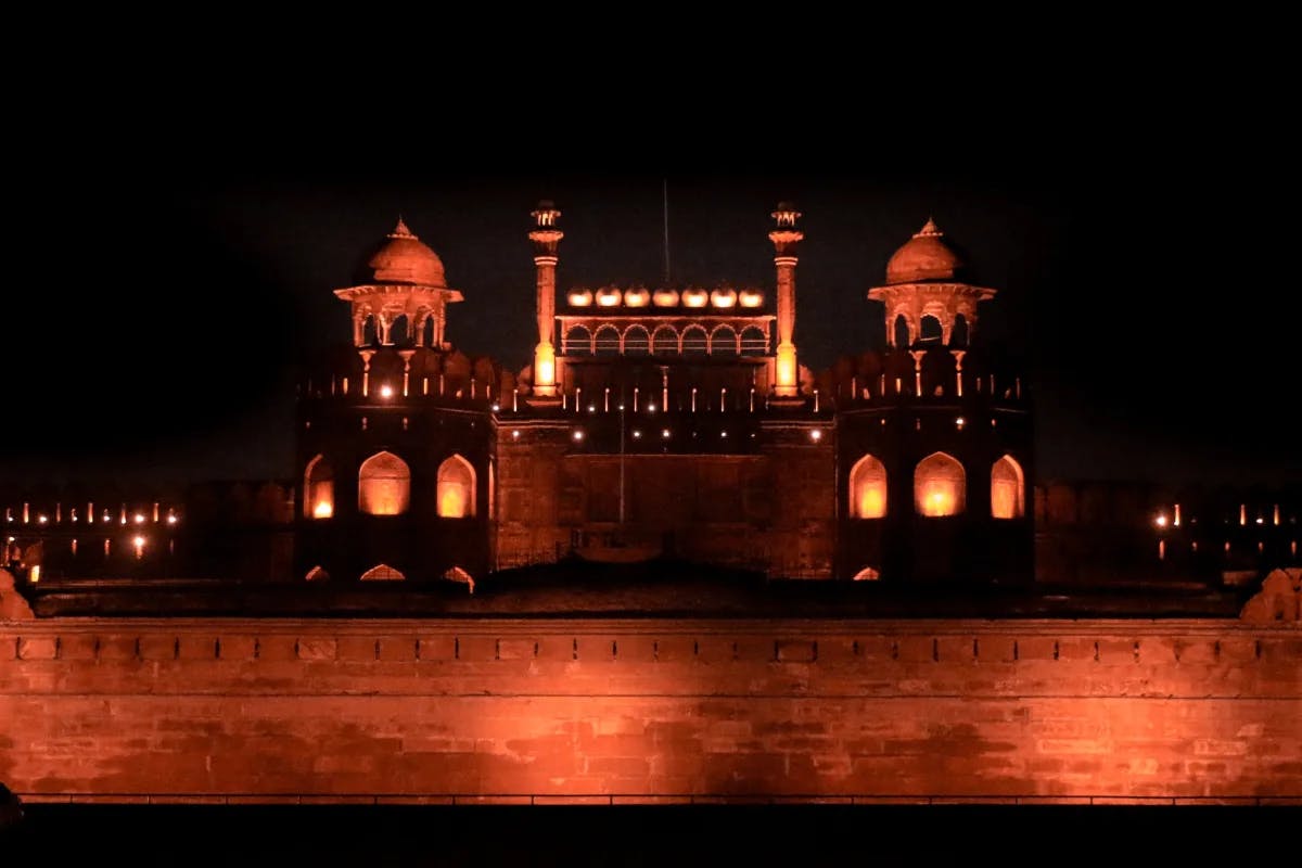 A picture of Red Fort (Lal Qila) taken at night.