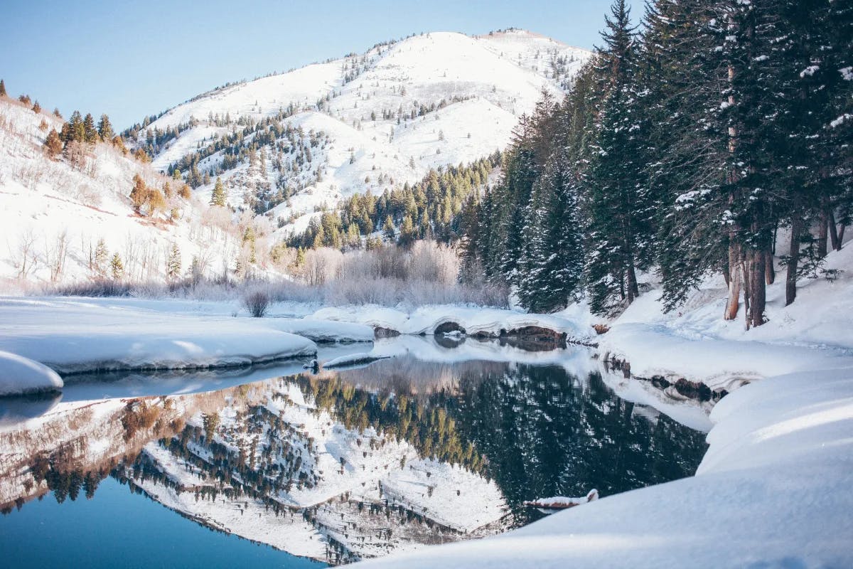 A picture of a frozen lake, snow covered mountains and trees covered with snow during the daytime.