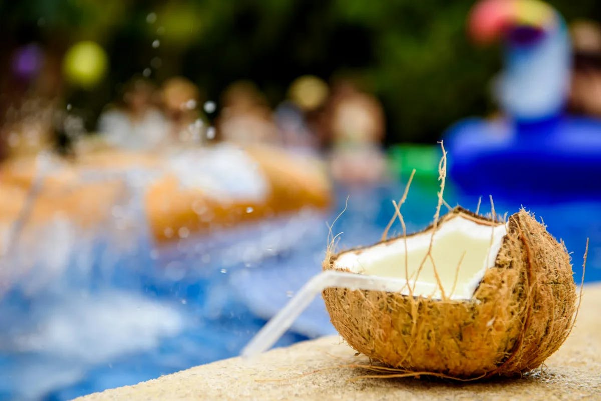 A humble, yet glorious and refreshing Costa Rican coconut, cut open with a straw inside with a blurry pool scene in the background.