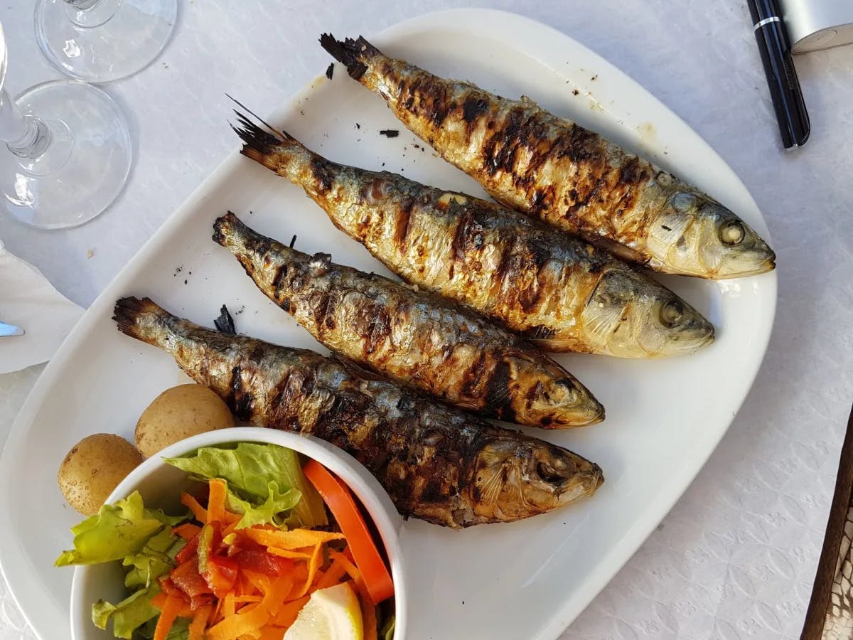 Four grilled whole fish on a white plate. 