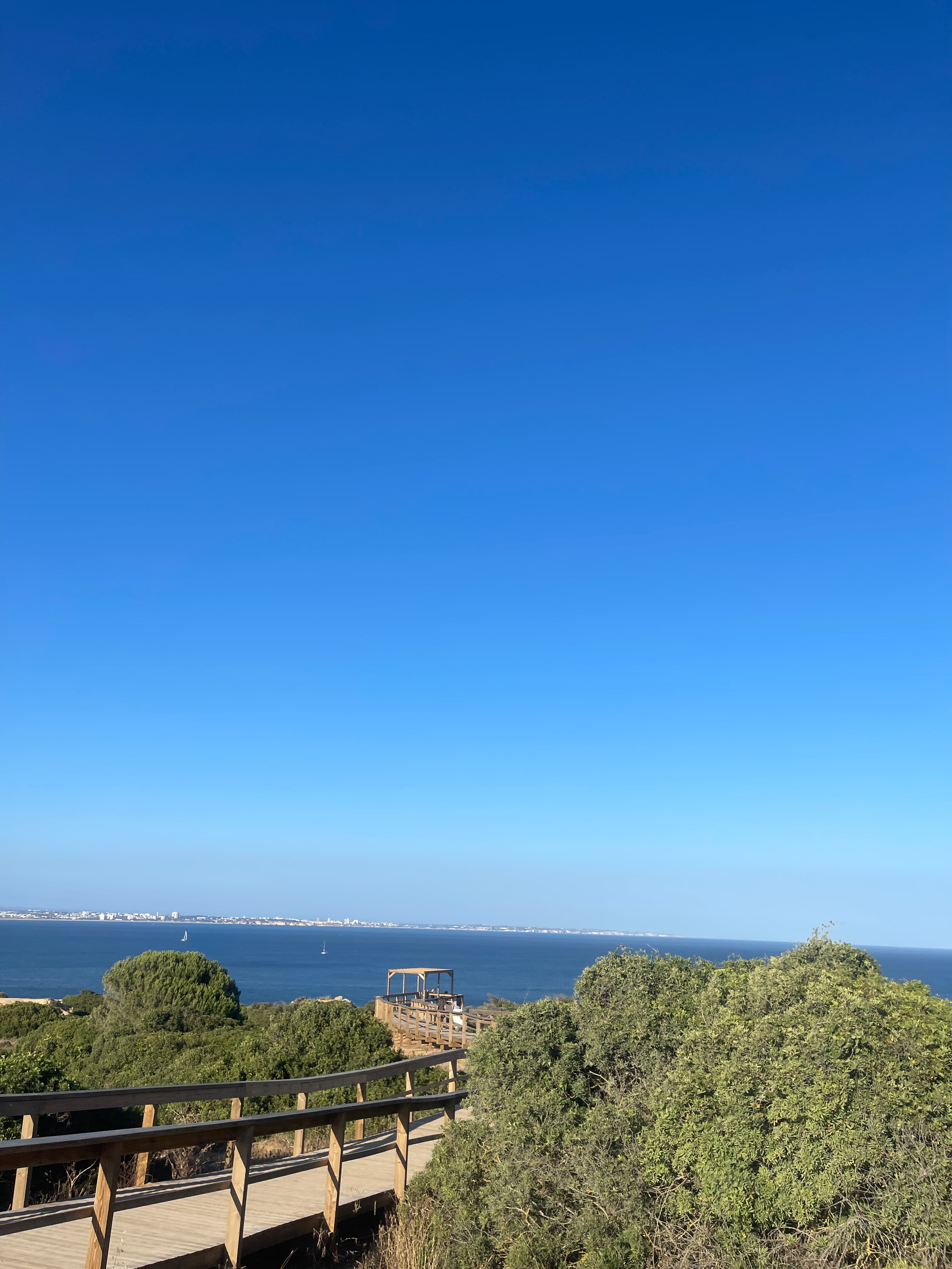 View of a clear blue sky and the sea in the distance