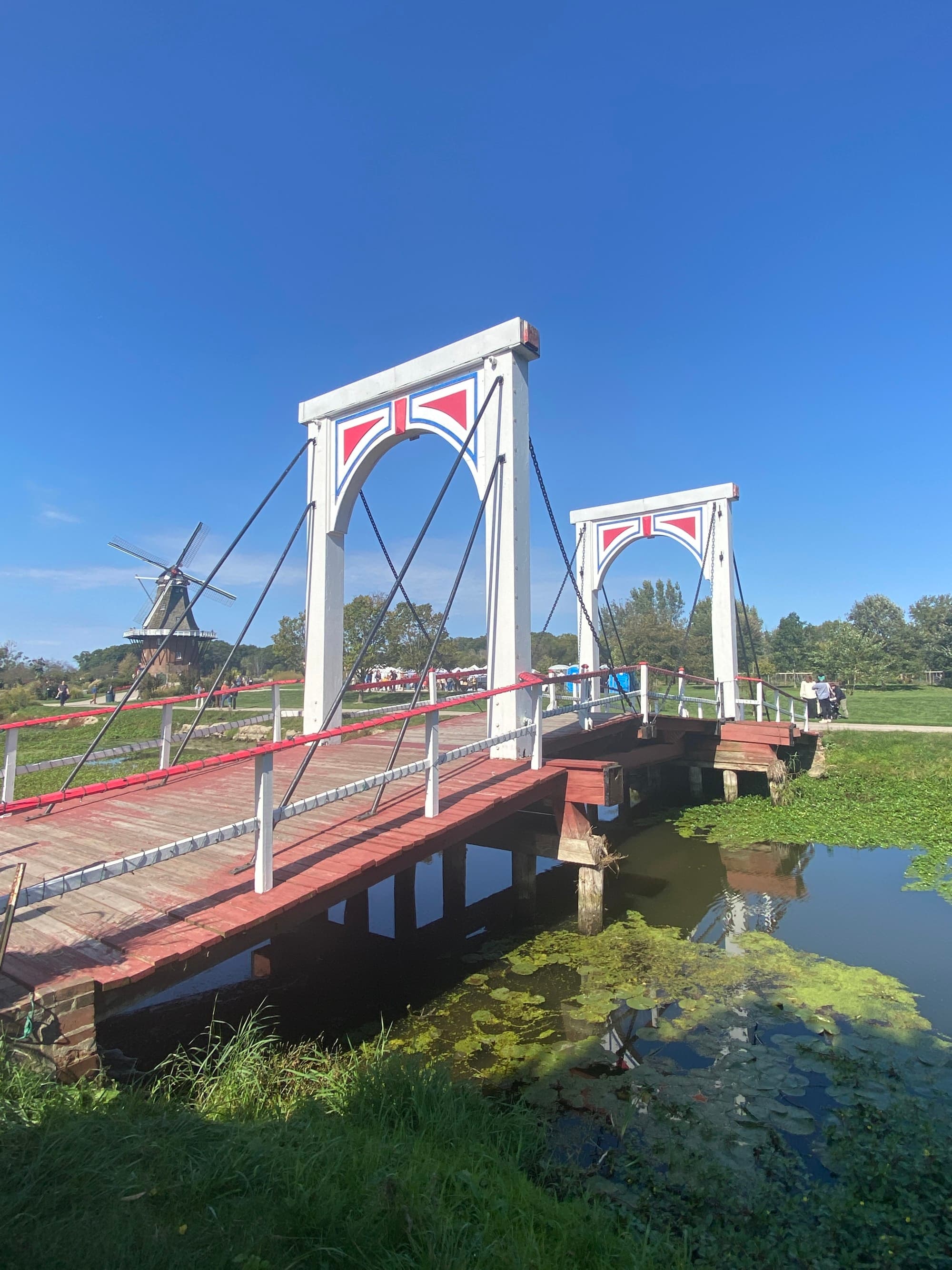 A traditional Dutch drawbridge over a canal with a windmill in the background under a clear blue sky.