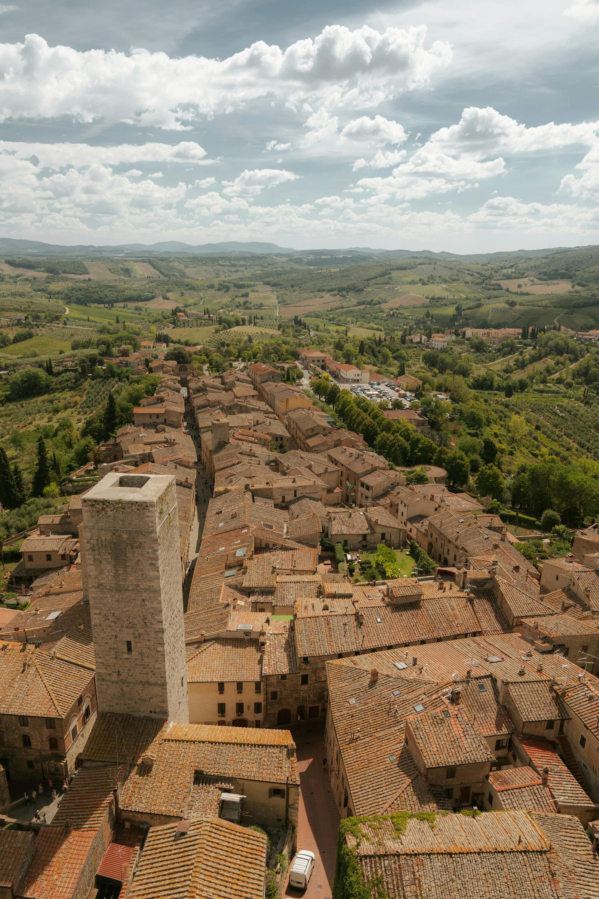 Lined medieval houses at San Gimignano, Tuscan countryside.