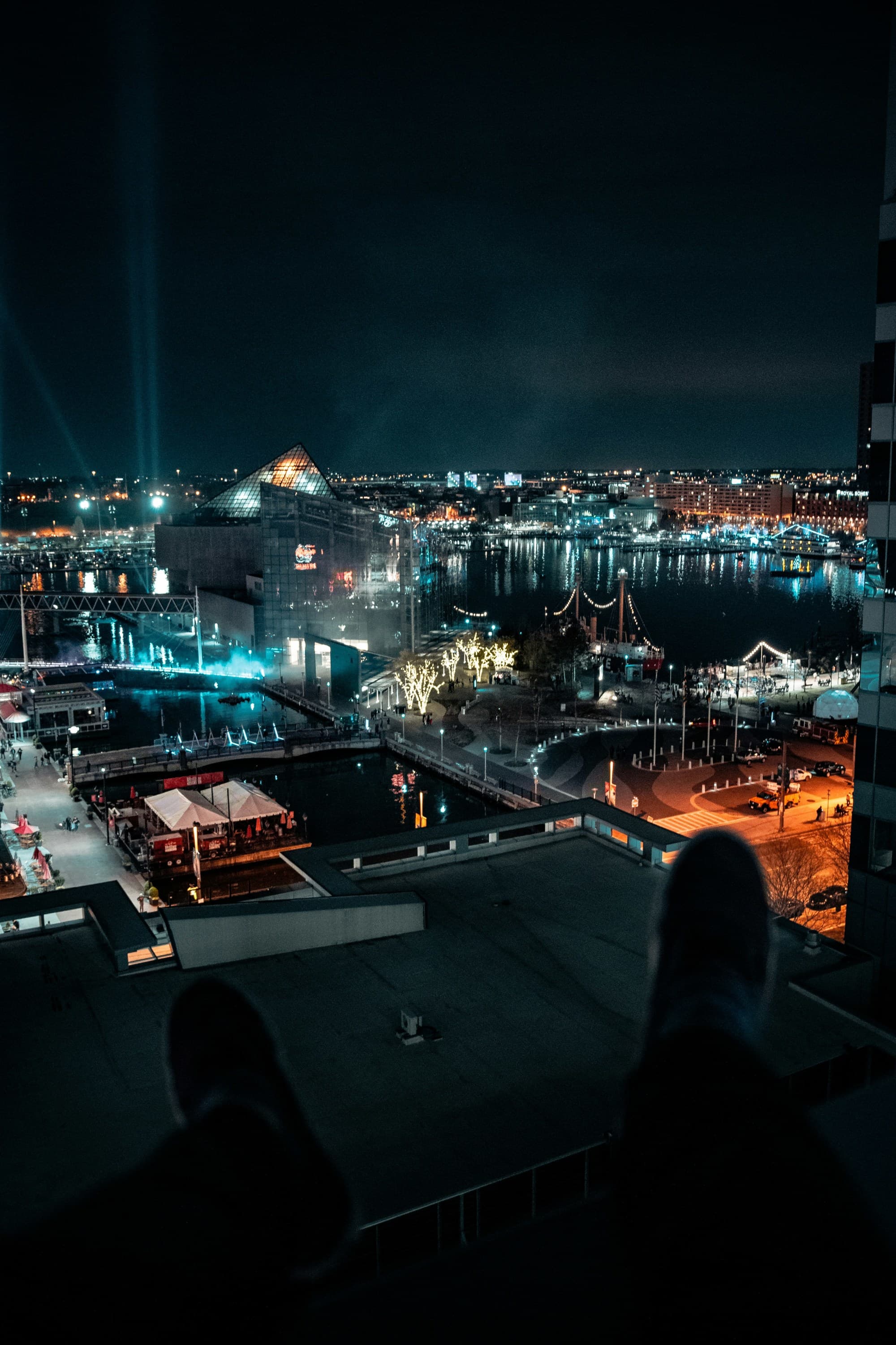 A nighttime cityscape with illuminated buildings and a waterfront, viewed from a high vantage point.