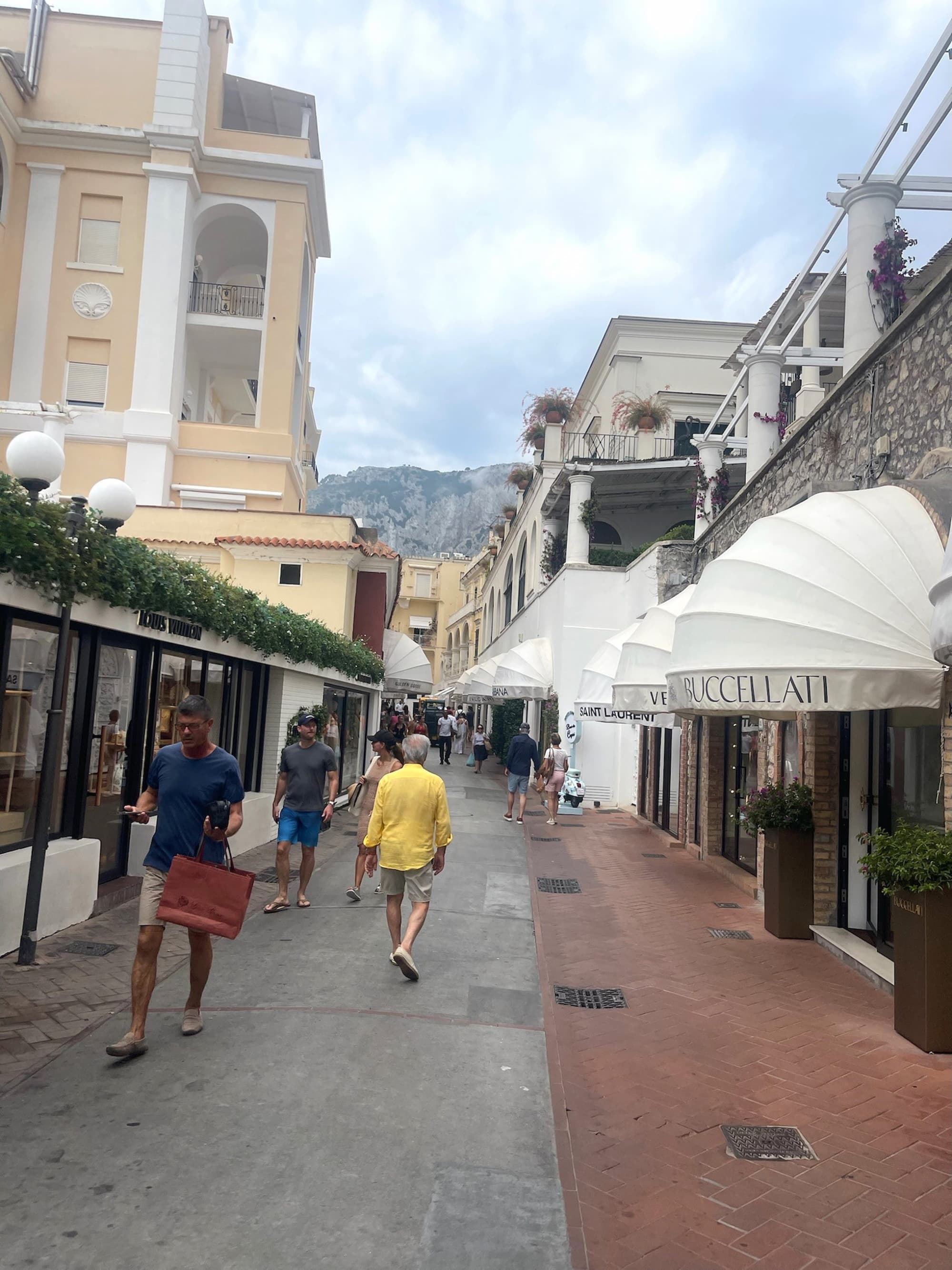 A bustling street scene with pedestrians, shops and buildings under a cloudy sky.