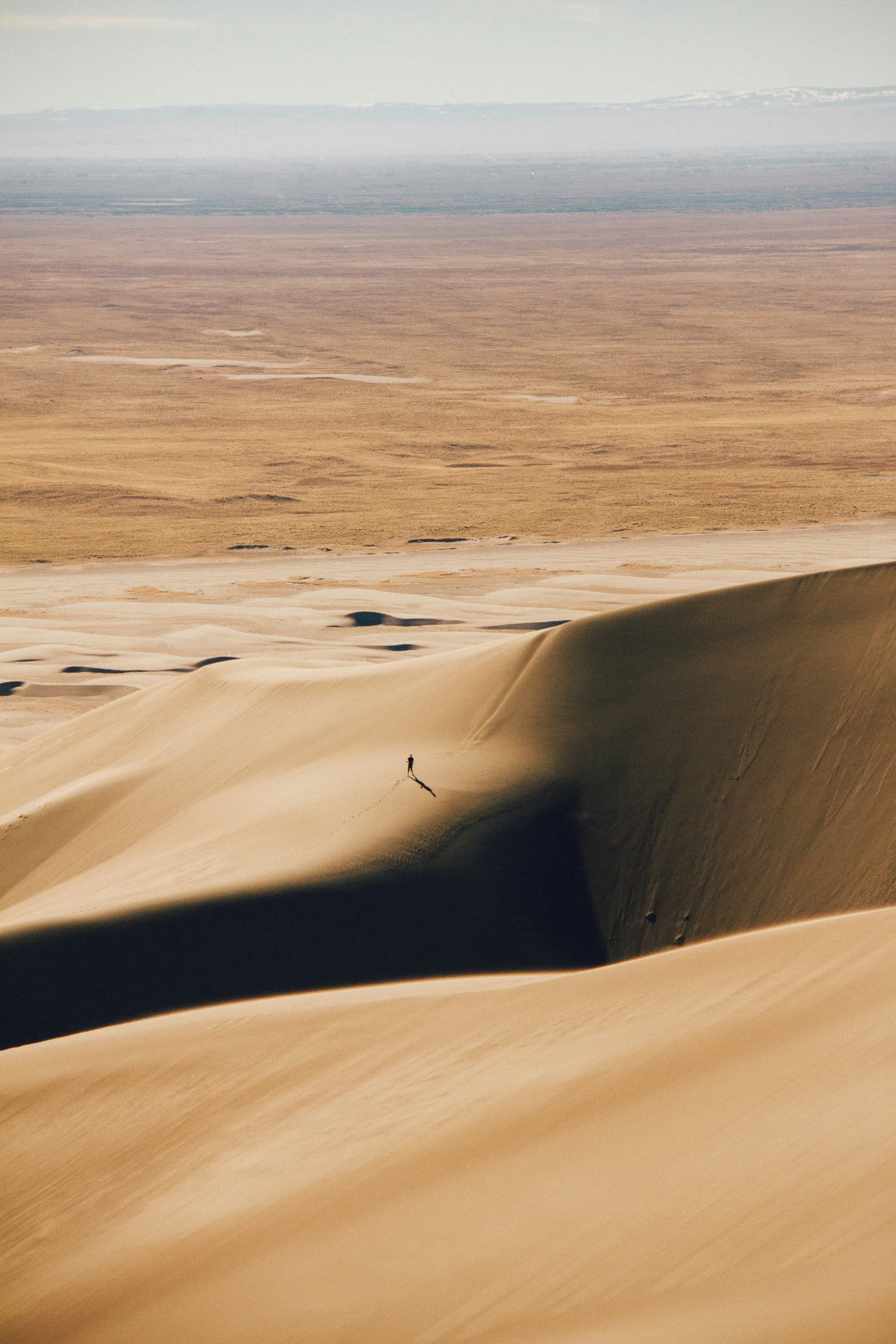 A desert during daytime with sand dunes and lone person walking in the distance.