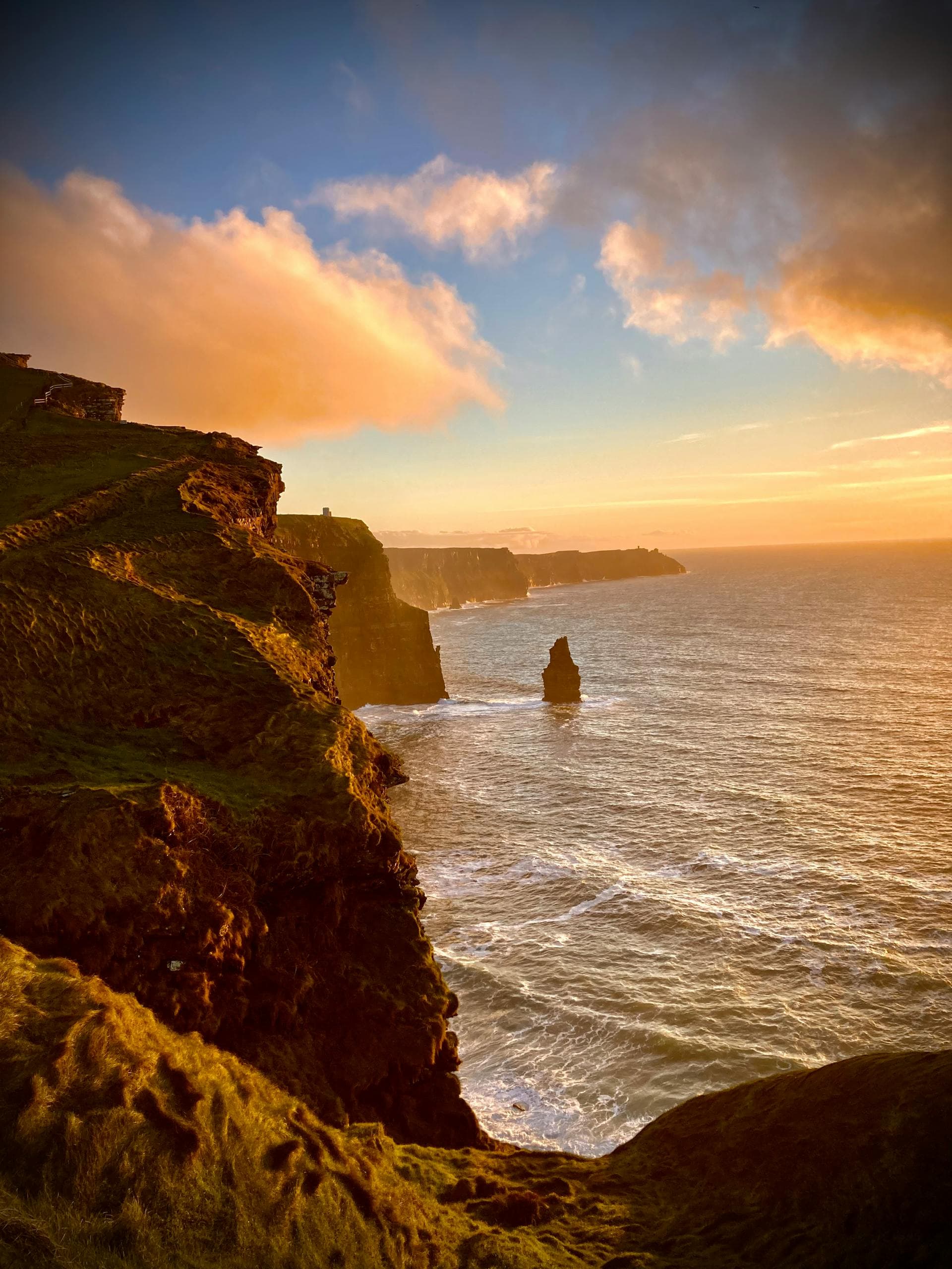 A cliffside coast during the sunset