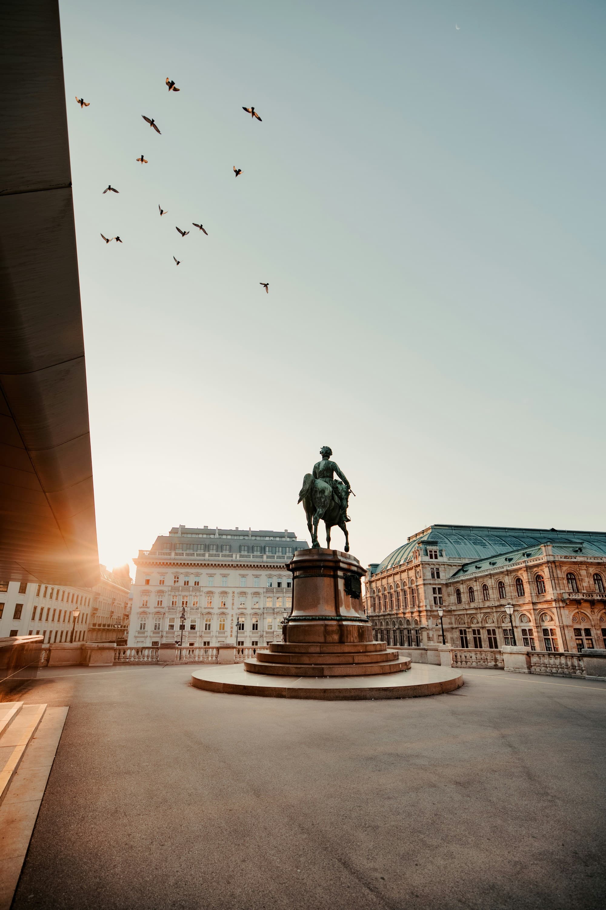 A statue of a mounted figure with a flock of birds flying above, set against grand buildings in warm sunlight.