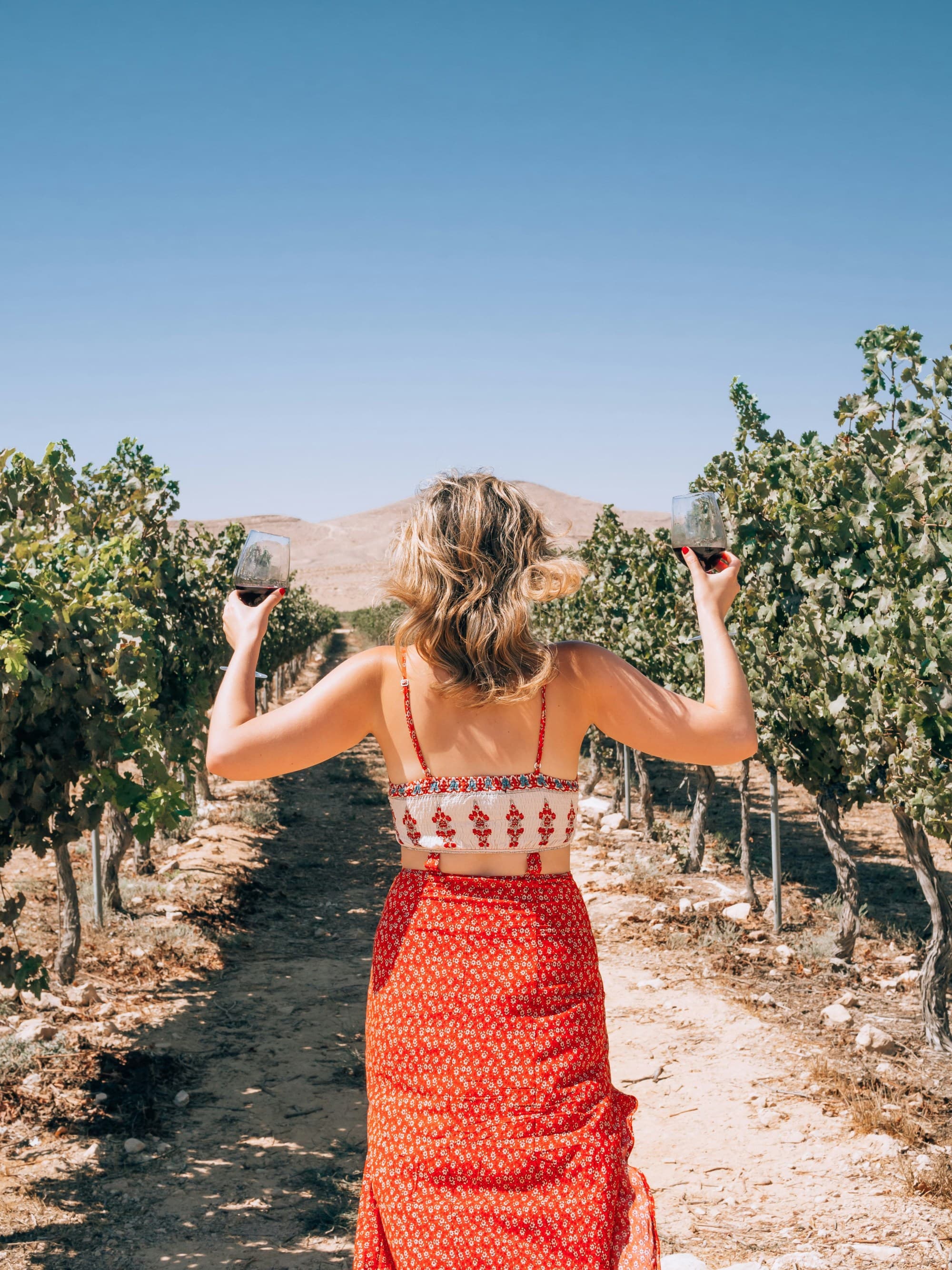 The image shows a person from behind, wearing a red dress and holding up two glasses in a vineyard.