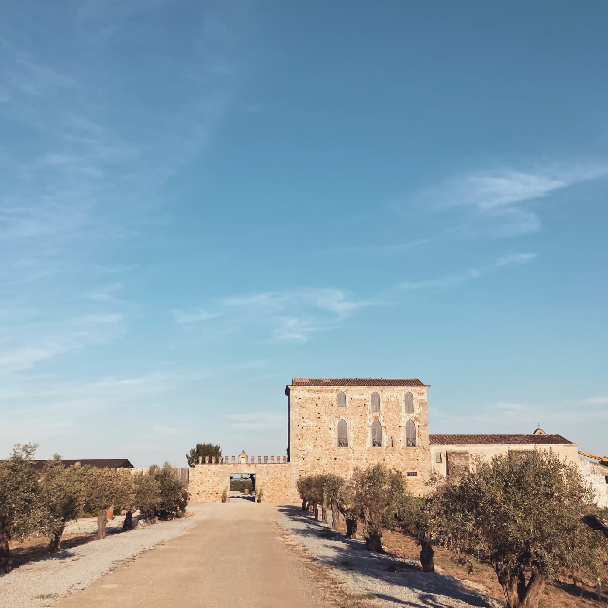 A rustic stone building with a tiled roof, surrounded by olive trees under a clear blue sky.