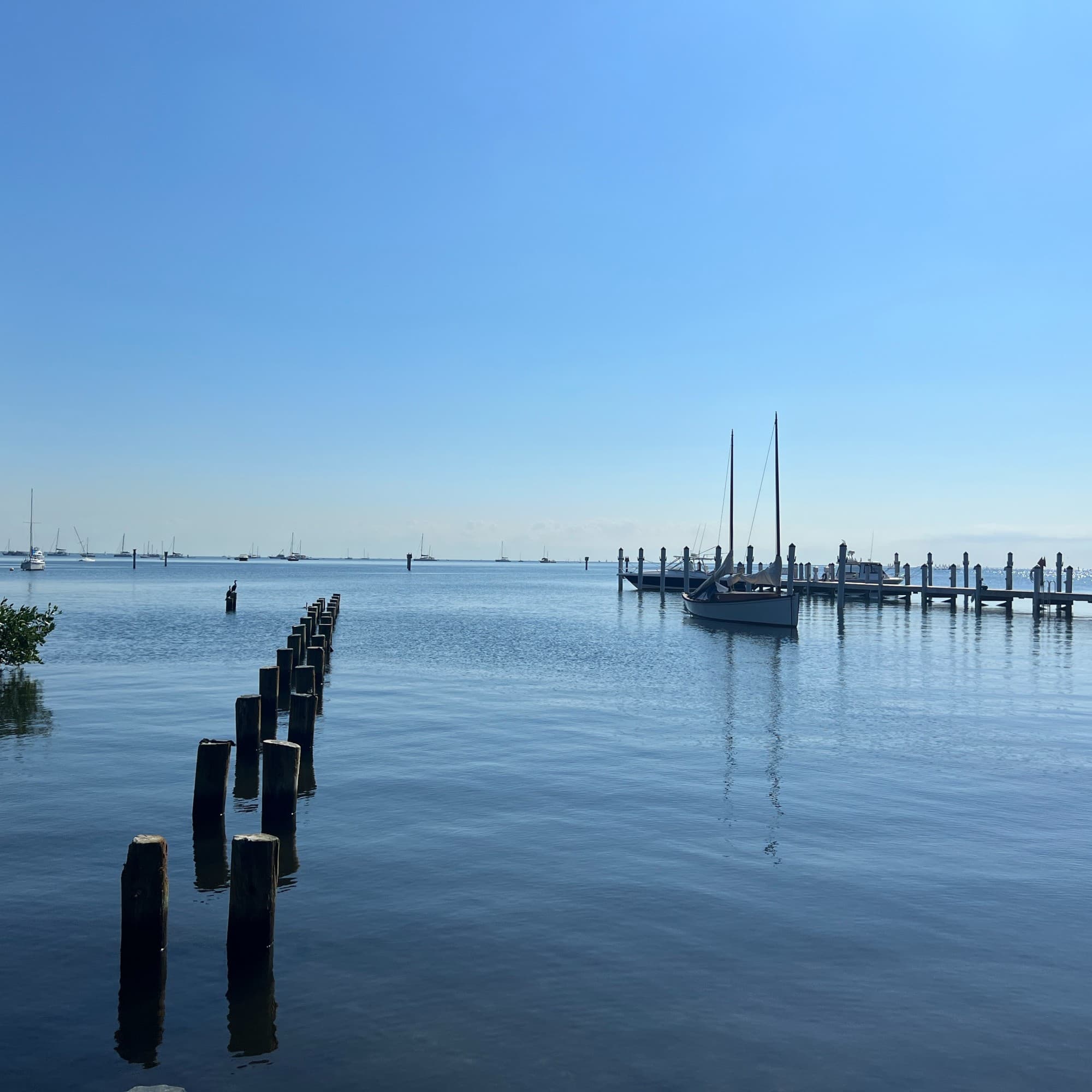 A body of water with boats docked by a pier