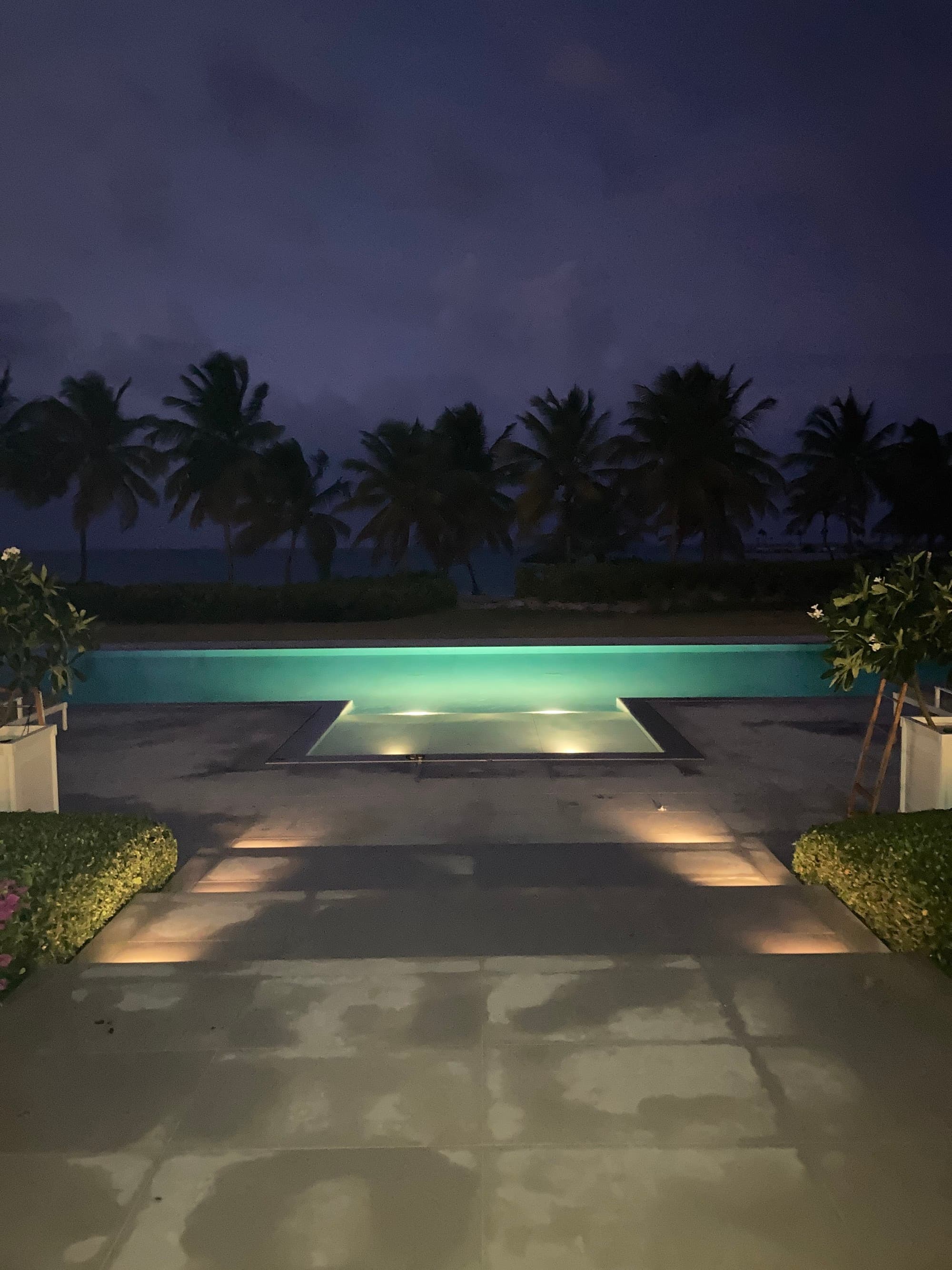 An illuminated swimming pool during twilight with surrounding vegetation and a purple sky.