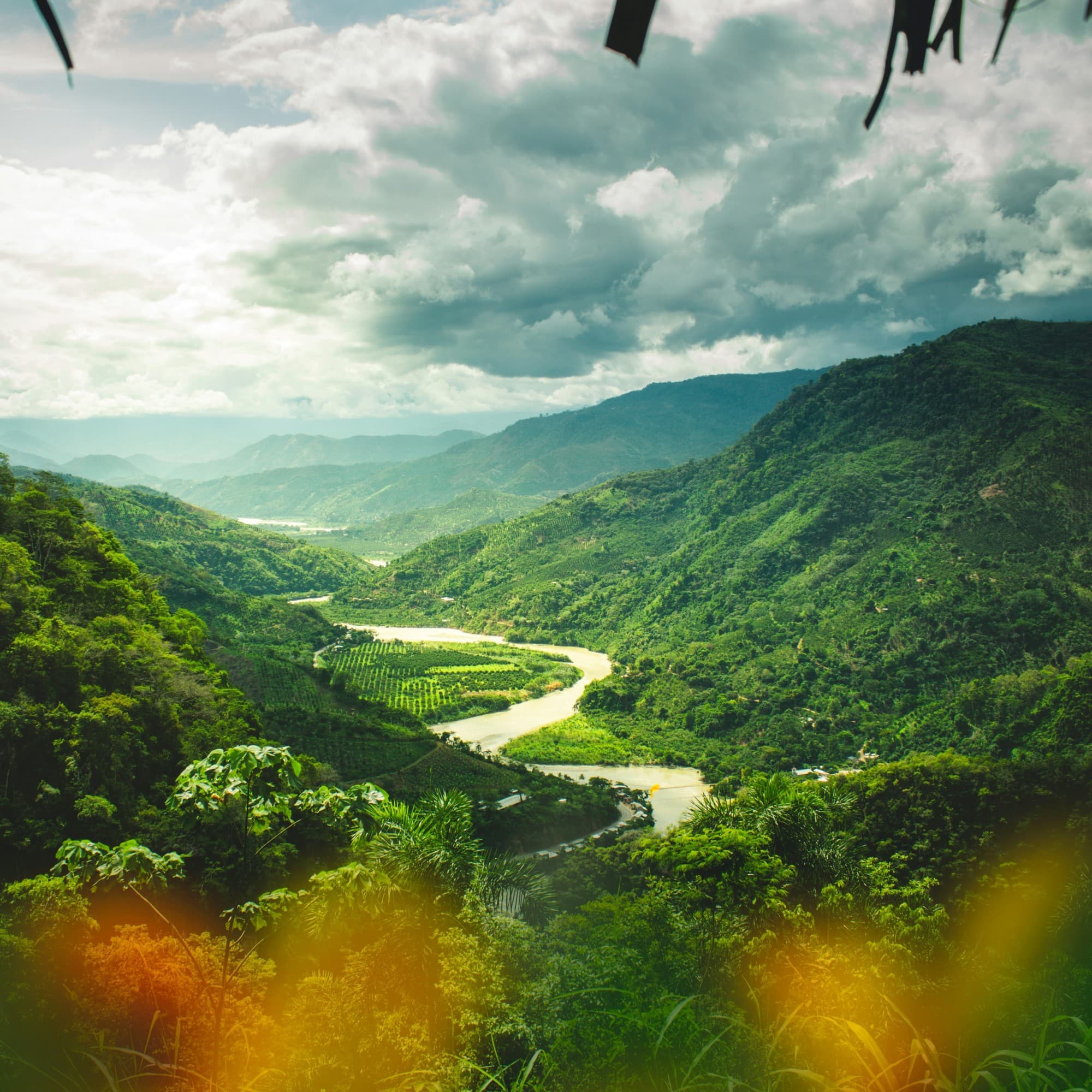 Forested mountains surround a lush green valley with a winding river under a cloudy sky.