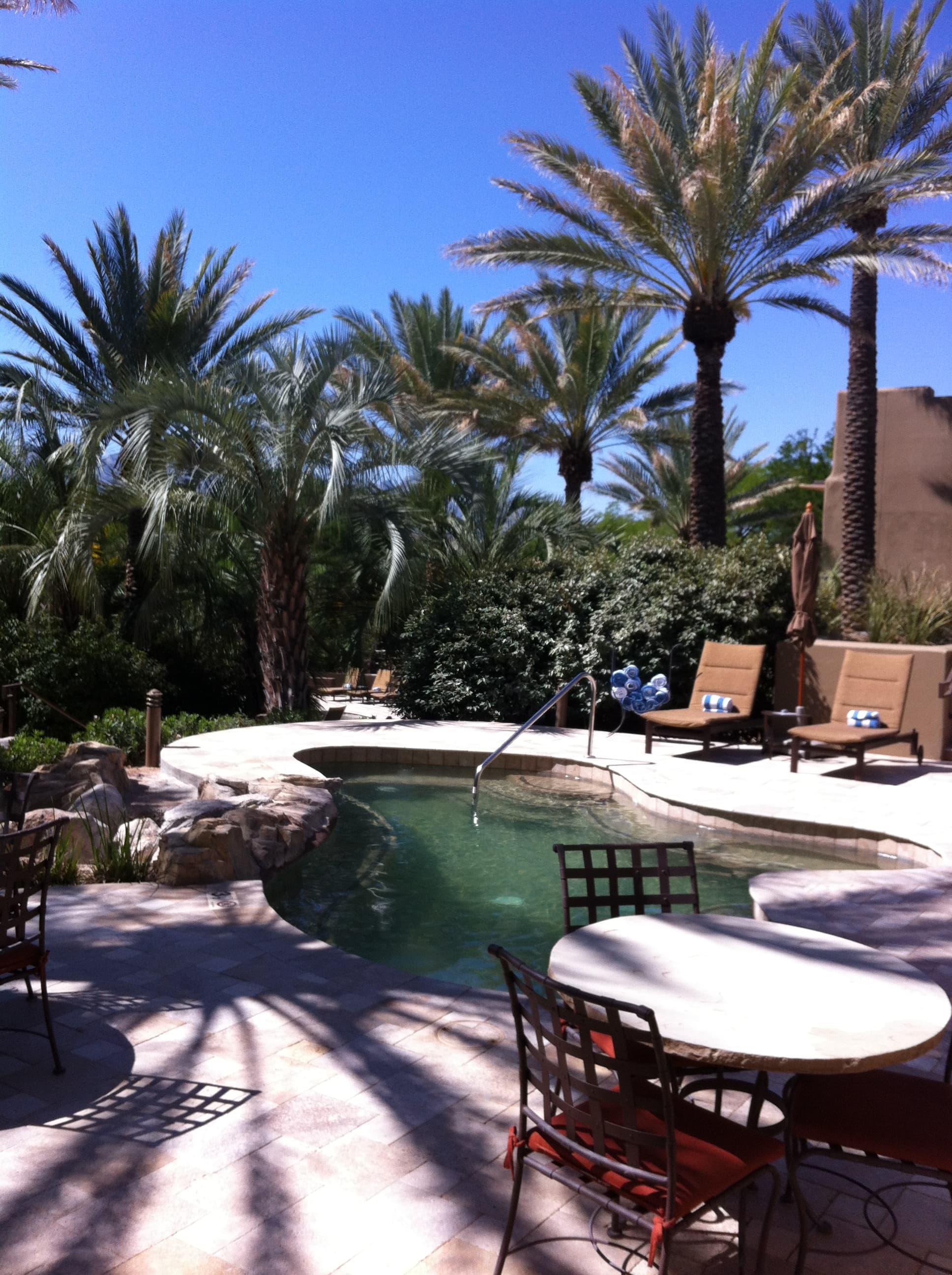 Outdoor pool area at Miraval Arizona with sun loungers and a table with chairs, surrounded by palm trees and greenery.