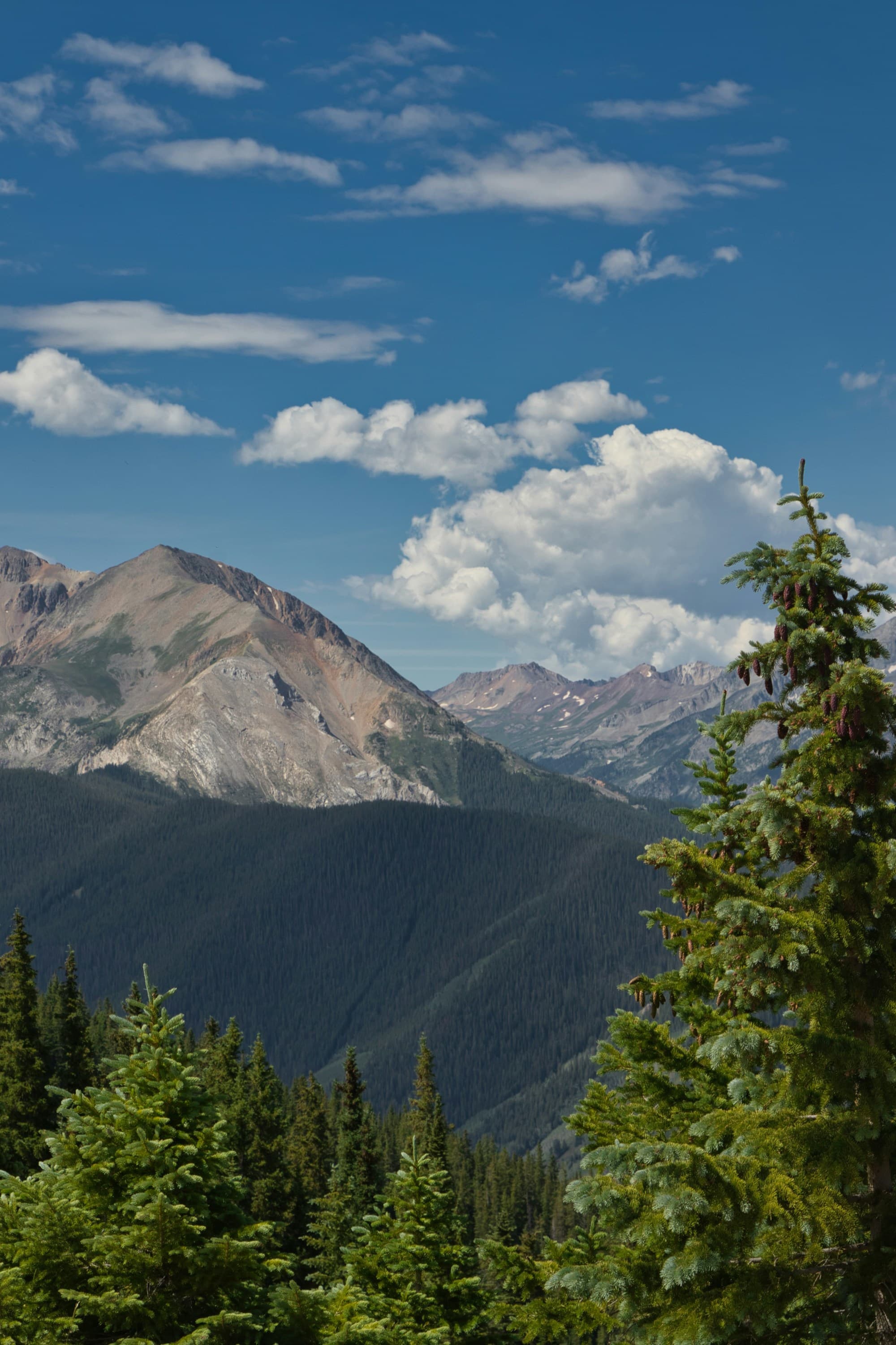 A scenic view of a mountain range with lush greenery in the foreground under a blue sky dotted with clouds.