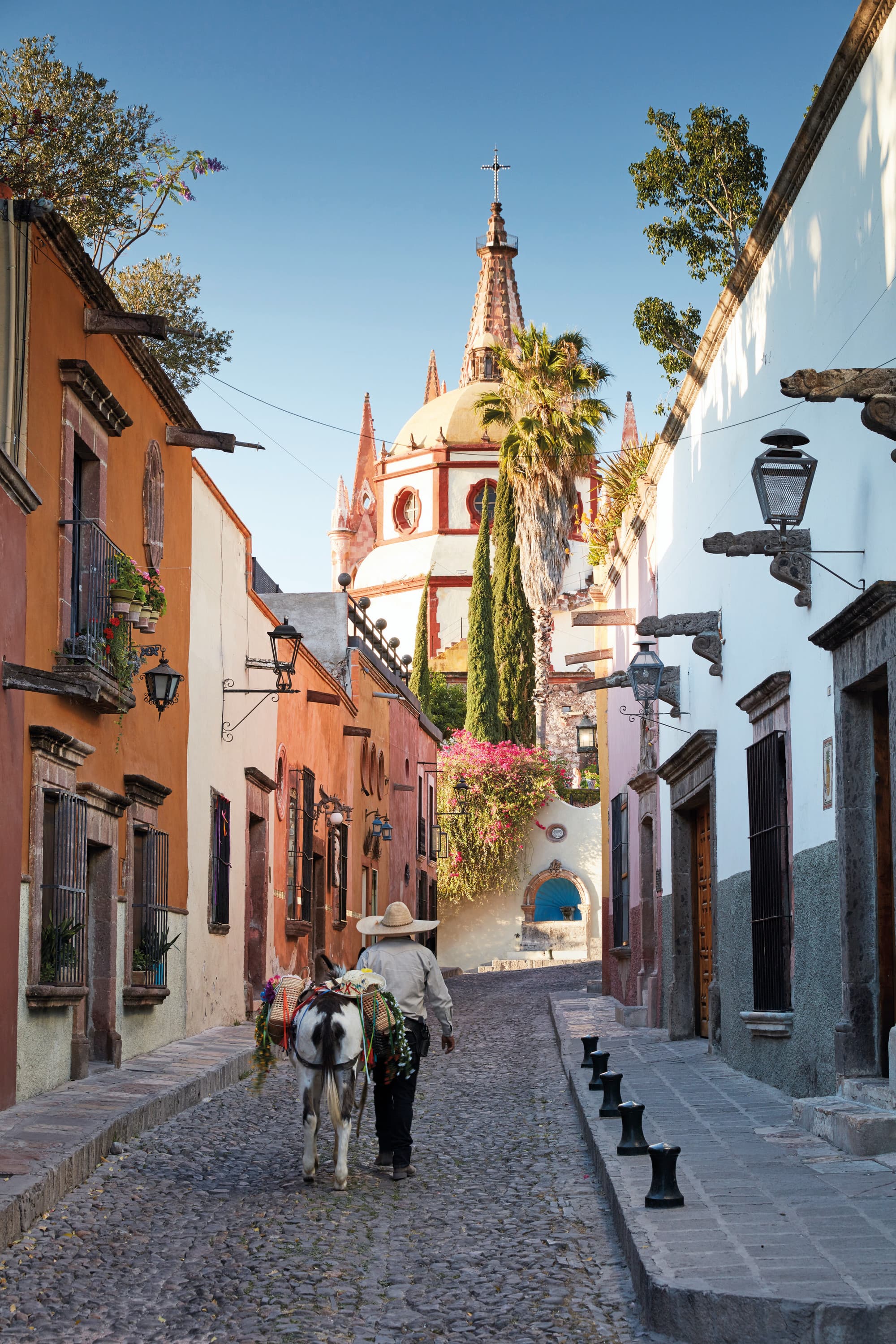 A man walking with his horse down a narrow street with a large dome shaped building ahead of him.