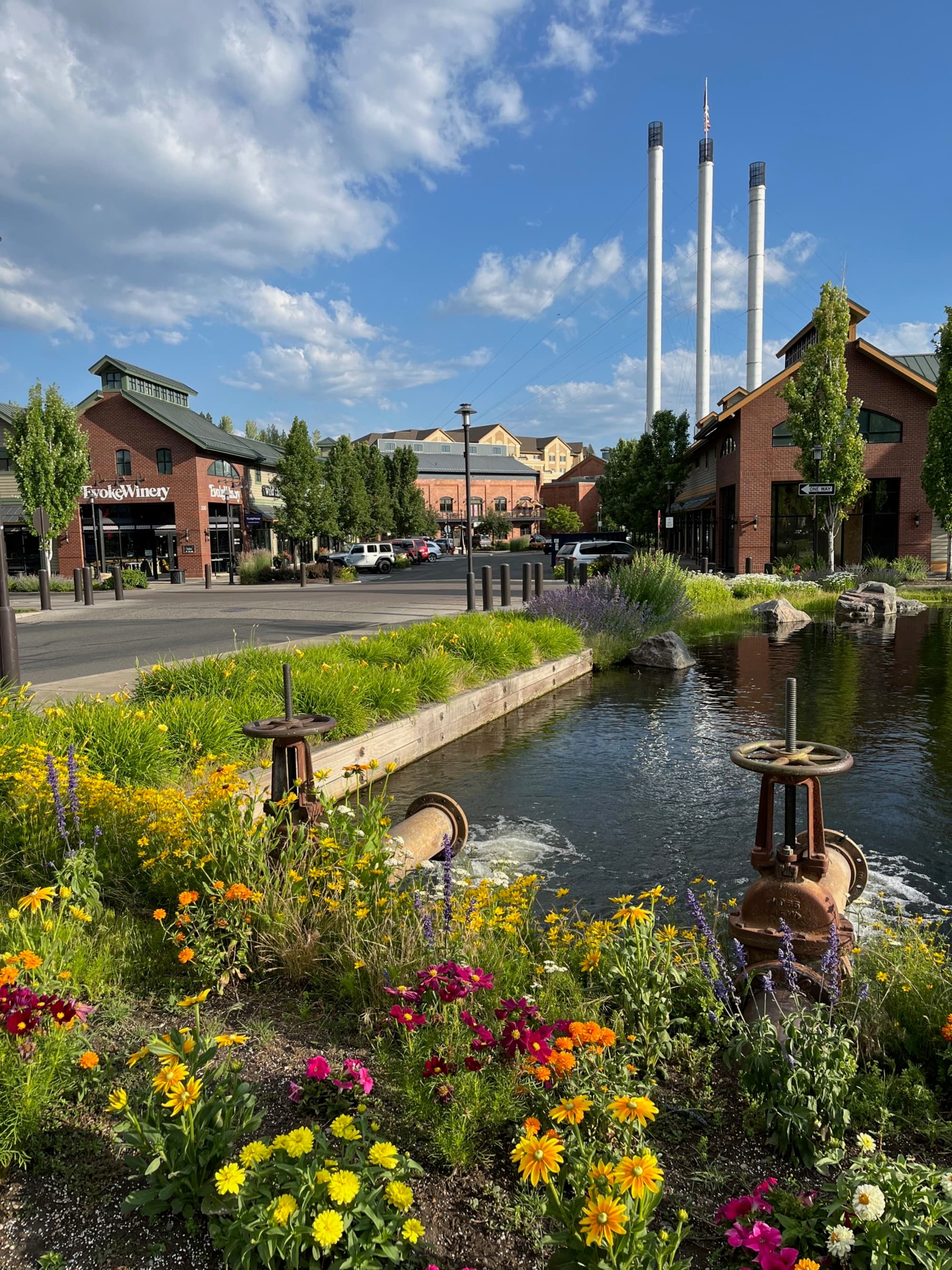 A vibrant garden with colorful flowers and a fountain, set against an urban backdrop with buildings and clear blue skies.