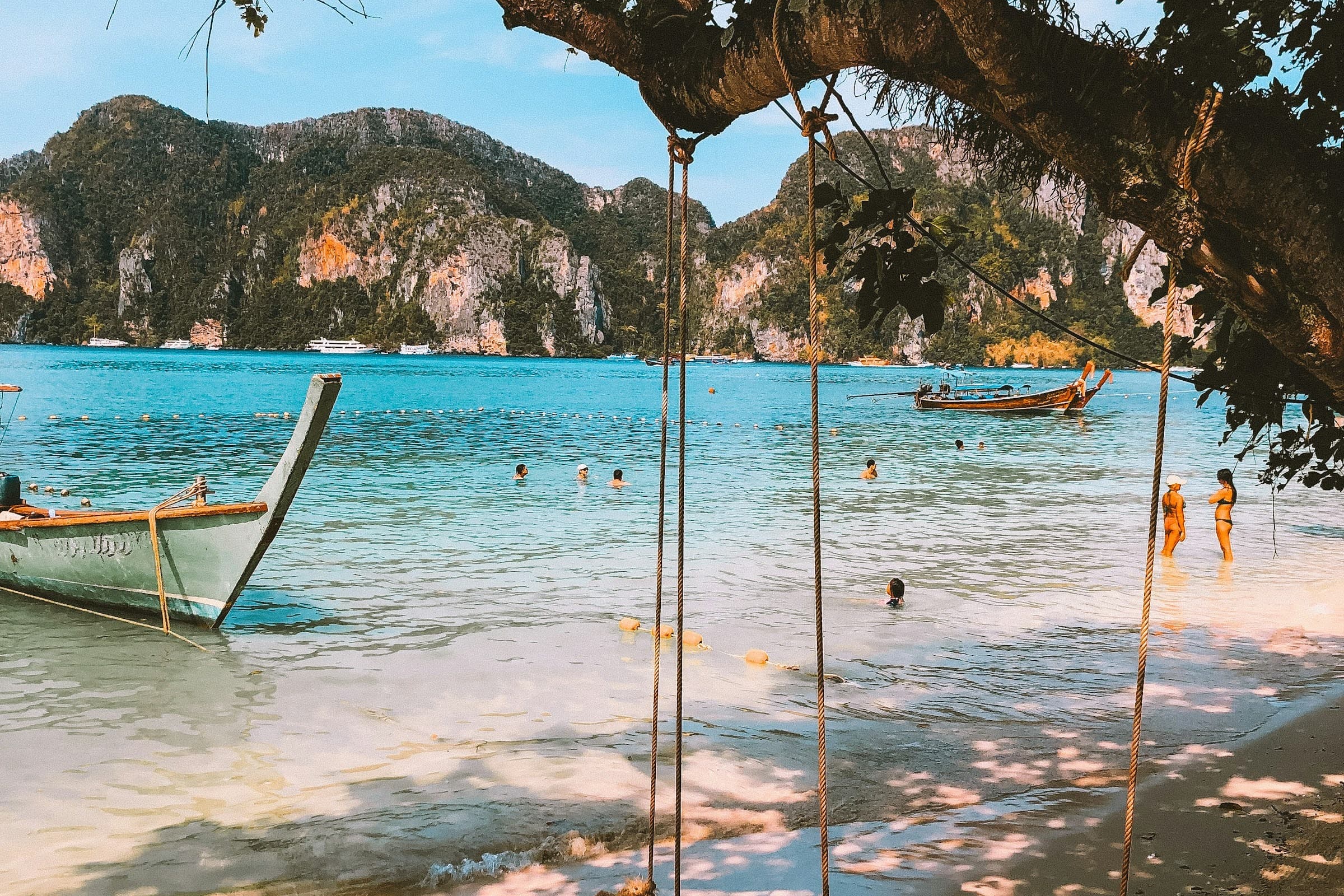 A view of rope swings tied to a tree in front of the beach shore, turquoise blue water, boats and rocky green cliffs in the distance.